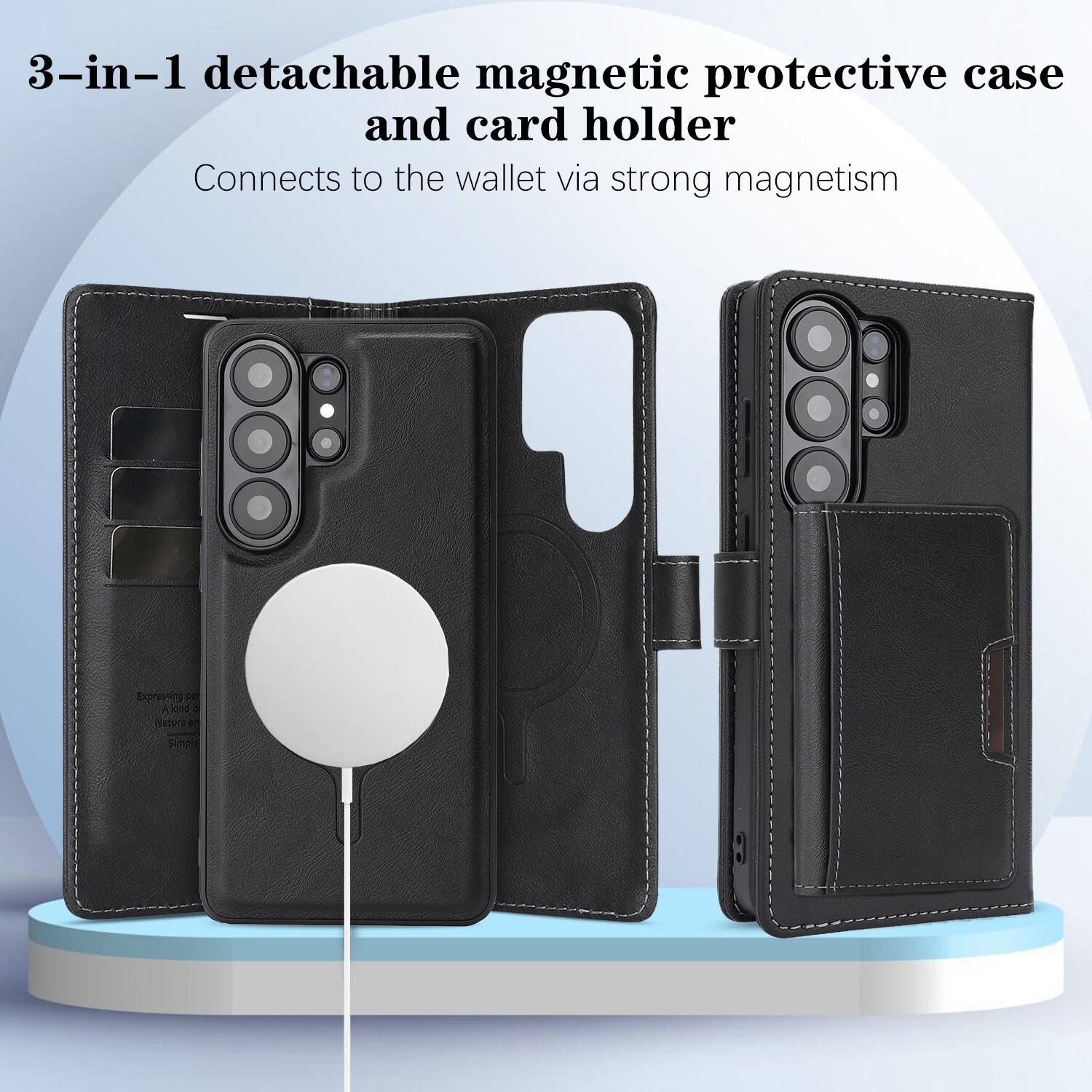 3-in-1 detachable magnetic protective case and card holder  
Connects to the wallet via strong magnetism