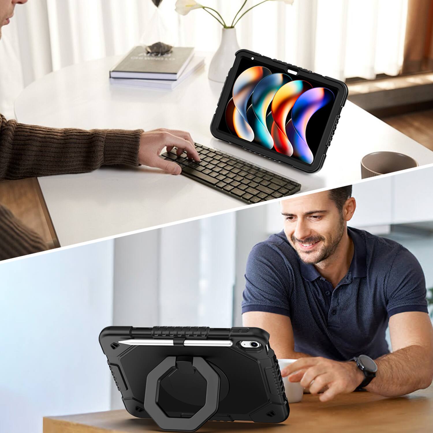 Alt View 2. Dteck - Shockproof Case for Apple iPad (A16) 11" 2025 & iPad 10th Gen 10.9" with Strap & 360° Stand,Rugged Cover+Plastic Stylus - Black.