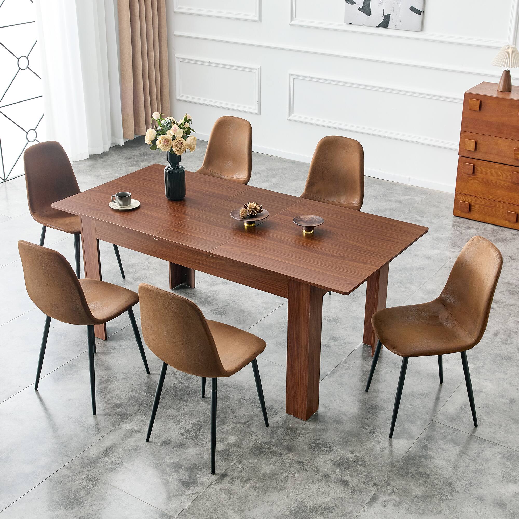 Left. Loheer - Loheer- 7.2ft Extendable Dining Table Walnut Drop Leaf Kitchen Table Space Saving Expandable Desk for Large Family - Walnut.