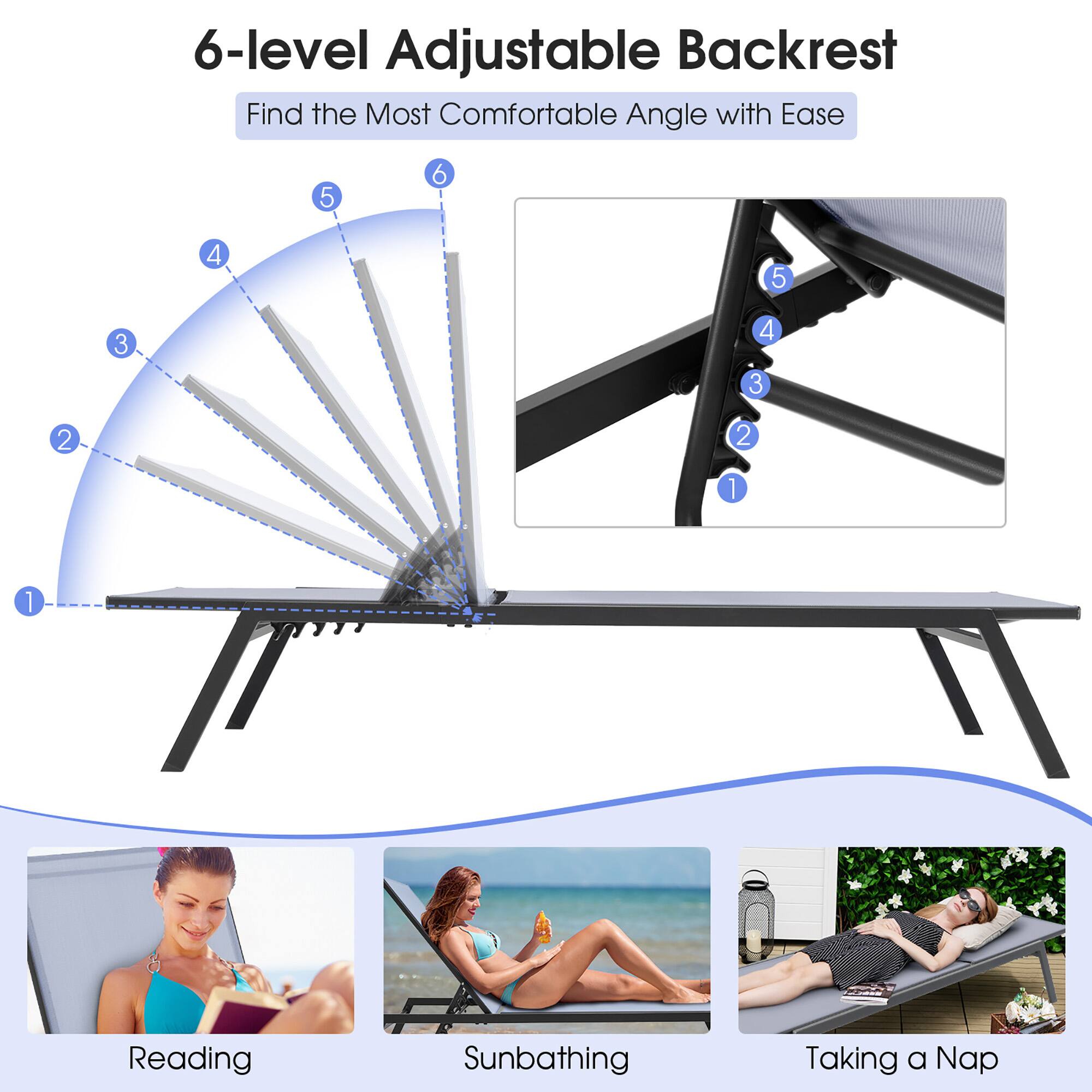 6-level Adjustable Backrest
Find the Most Comfortable Angle with Ease

Reading
Sunbathing
Taking a Nap