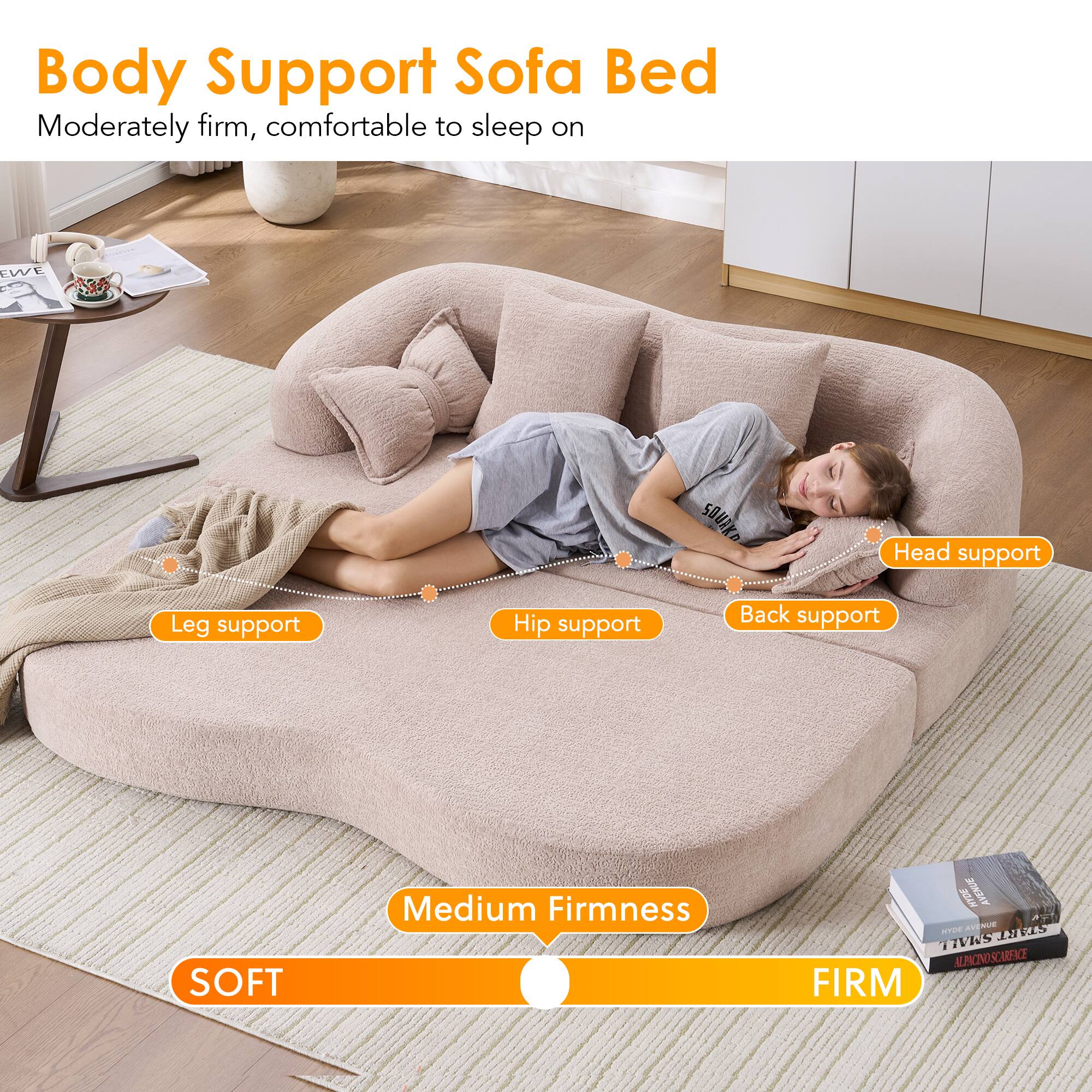 Body Support Sofa Bed  
Moderately firm, comfortable to sleep on  

Head support  
Leg support  
Hip support  
Back support  

Medium Firmness  
SOFT  
FIRM