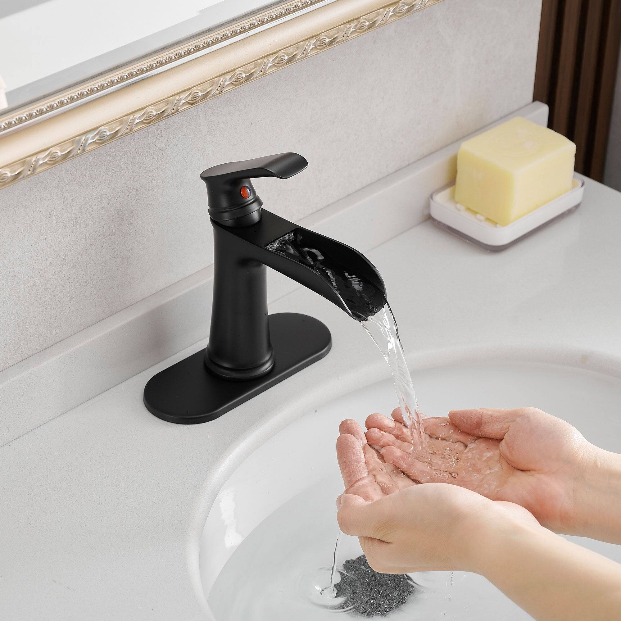 Alt View 4. Boyel Living - Single Handle Single Hole Bathroom Faucet Matte Black with Deck Plate Pop Up Drain and Water Supply Hoses - Matte Black.
