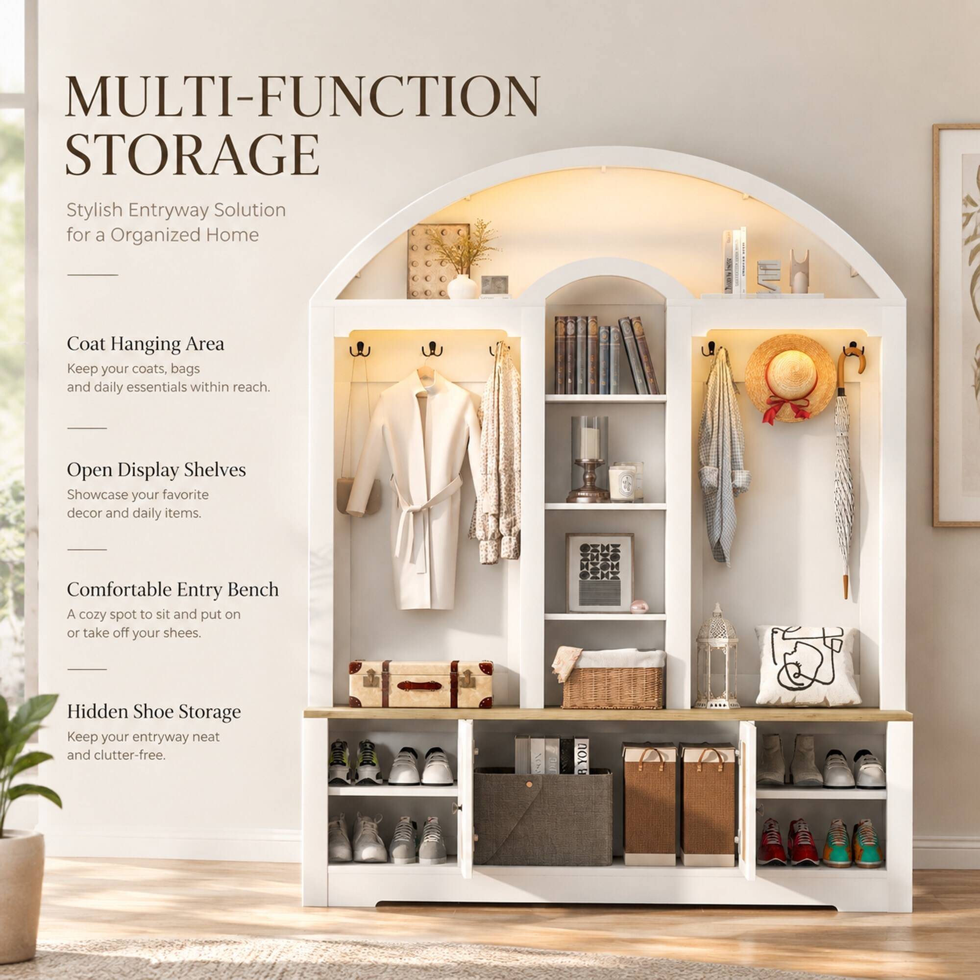 RYHNUYNE Curved Hall Tree Wardrobe, MDF Entryway Storage Cabinet, 59 in ...