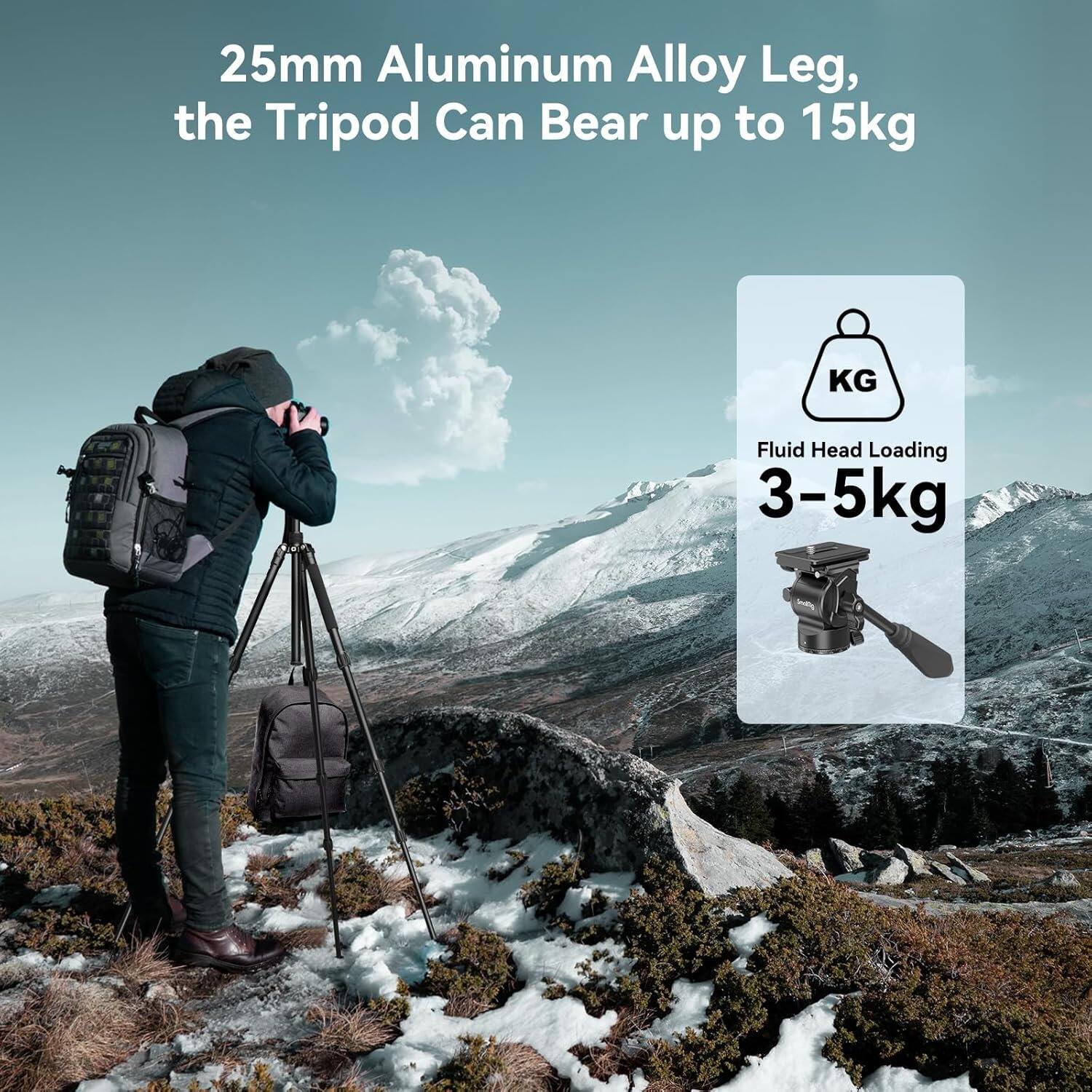 25mm Aluminum Alloy Leg, the Tripod Can Bear up to 15kg

Fluid Head Loading 3-5kg