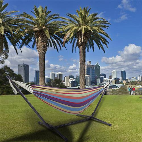 Alt View 5. Winado - 9FT Heavy Duty Hammock Set 2-Person Double with Stand, Portable Carrying Bag for Indoor Outdoor Patio Deck Yard Beach - Rainbow Stripes.