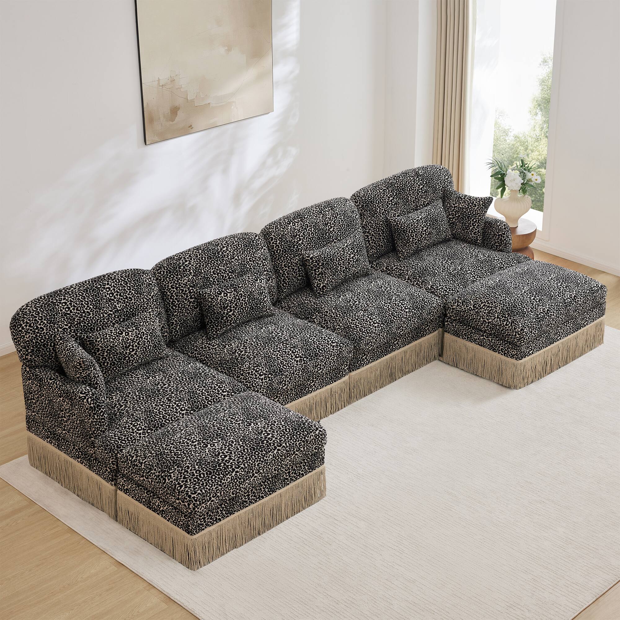 Angle. Anysun - 131" Modern Chenille Leopard U-Shaped Sofa - Tassel Edge, Movable Ottomans, Ergonomic, Easy Assembly, Deep Seat - Khaki.