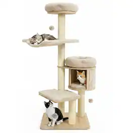 Gymax - 55'' Large Solid Rubber Wood Cat Tree Tower w/Cozy Condo Beds & Hammock 3 Balls Natural - Beige