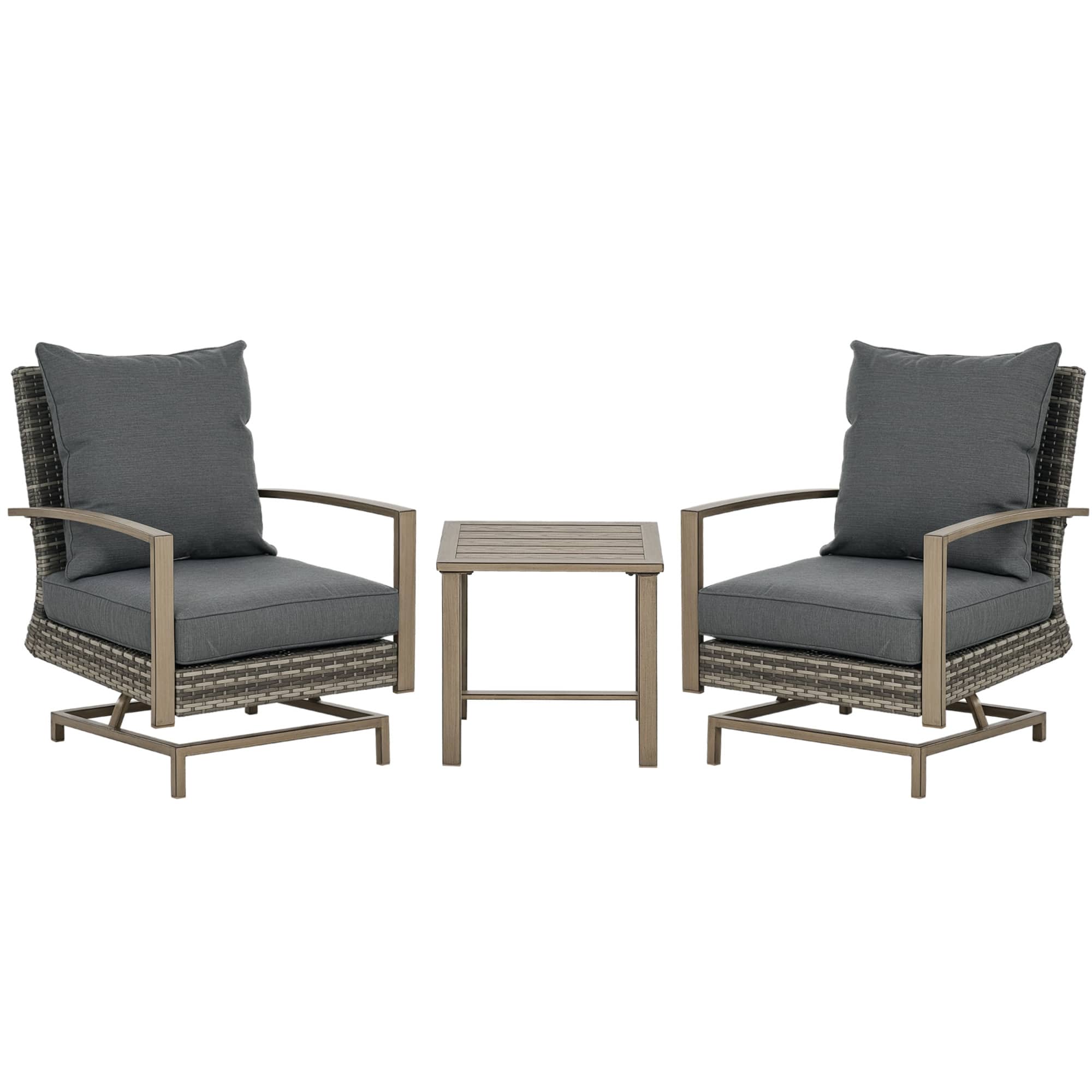 Outsunny - 3 Pieces Rocking Wicker Outdoor Bistro Set, Aluminum Frame Rattan Patio Furniture Set with Slat Coffee Table - Dark Gray