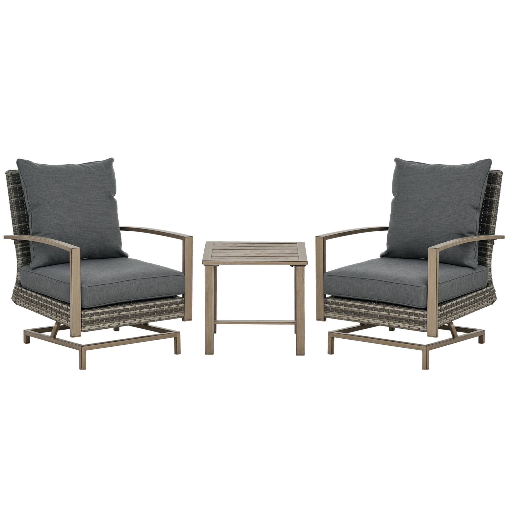 Front. Outsunny - 3 Pieces Rocking Wicker Outdoor Bistro Set, Aluminum Frame Rattan Patio Furniture Set with Slat Coffee Table - Dark Gray.