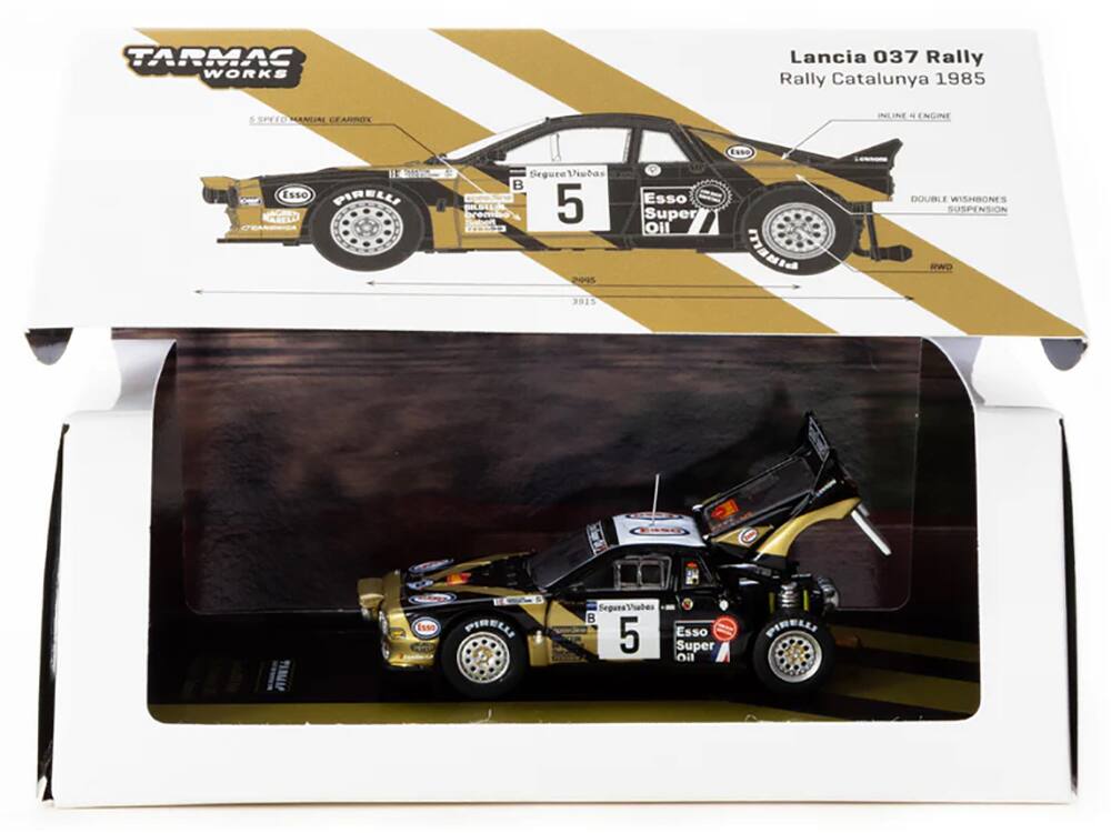 Tarmac Works  
Lancia 037 Rally  
Rally Catalunya 1985  

- 5 SPEED MANUAL GEARBOX  
- INLINE 4 ENGINE  
- DOUBLE WISHBONE SUSPENSION  
- RWD  

- Esso Super Oil  
- Pirelli  
- Segura Viuda  
- BILDAL  
- daber  
- bremda  
- 5 2045 3915  
- Esso Super Oil  
- Pirelli  
- PINELLA  
- Segura Viuda  
- BILDAL  
- daber  
- bremda  
- 5 2045 3915  
- Esso Super Oil  
- Pirelli