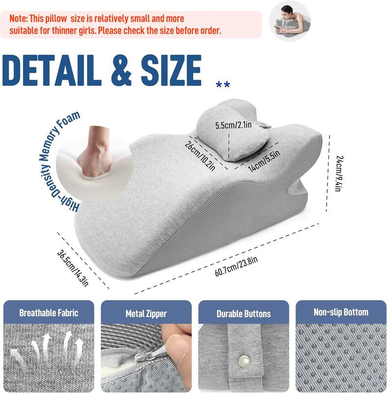 Note: This pillow size is relatively small and more suitable for thinner girls. Please check the size before order.

DETAIL & SIZE

- Memory Foam: 5.5cm/2.1in
- High-Density Foam: 26cm/10.2in
- Height: 14cm/5.5in
- Overall Size: 36.5cm/14.3in x 60.7cm/23.8in
- Width: 24cm/9.4in

Features:
- Breathable Fabric
- Metal Zipper
- Durable Buttons
- Non-slip Bottom