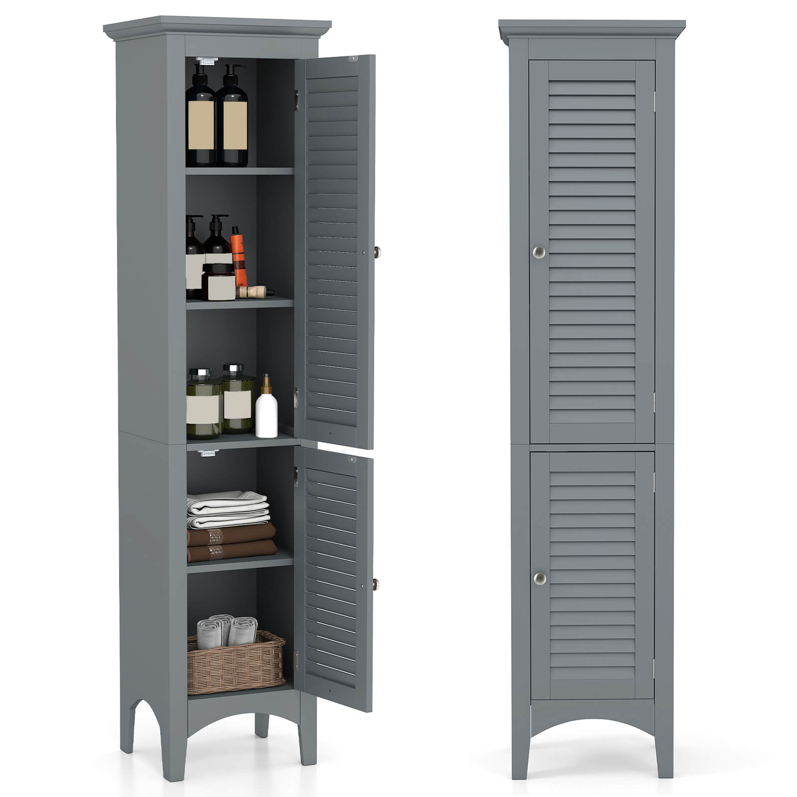 Costway - 63" Tall Bathroom Cabinet with 2 Louvered Doors & Adjustable Shelf, Elevated Legs - Gray