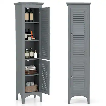 Front. Costway - Costway 63" Tall Bathroom Cabinet with 2 Louvered Doors & Adjustable Shelf, Elevated Legs - Gray.