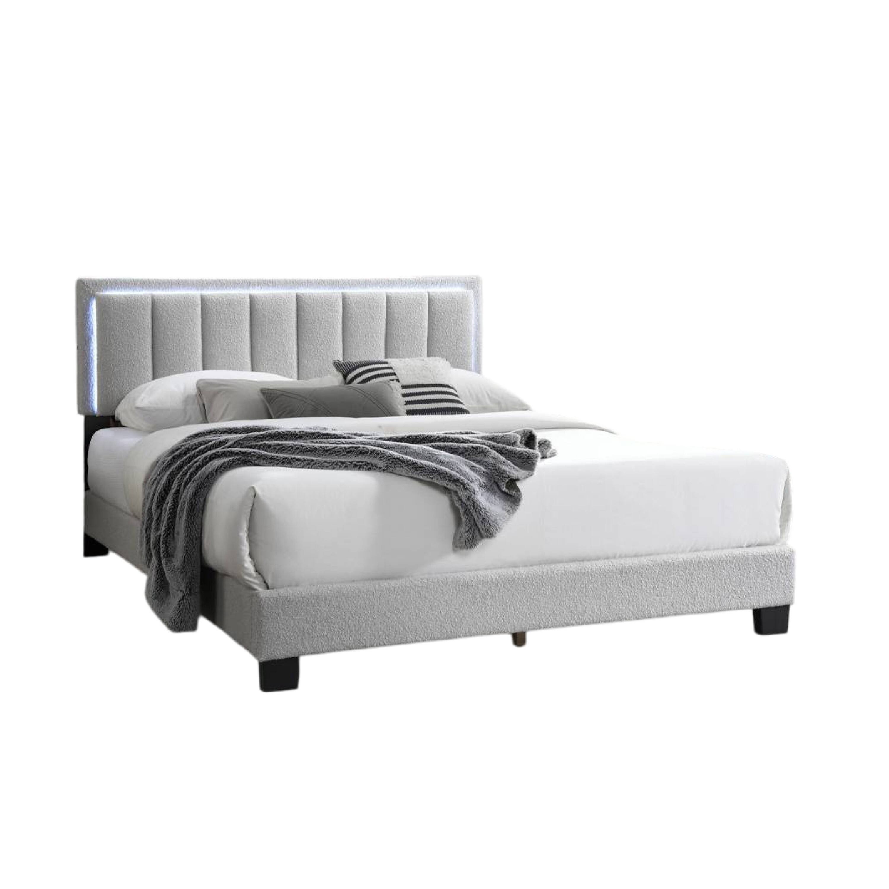 Alt View 2. Manhattan Lane - Zemo Queen Size Bed, LED Headboard, Tufted Light Gray Wool Upholstery - Light Gray, Black.