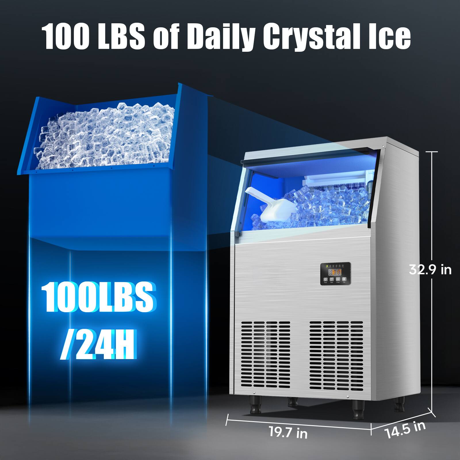 100 LBS of Daily Crystal Ice

100 LBS / 24H

32.9 in
19.7 in
14.5 in