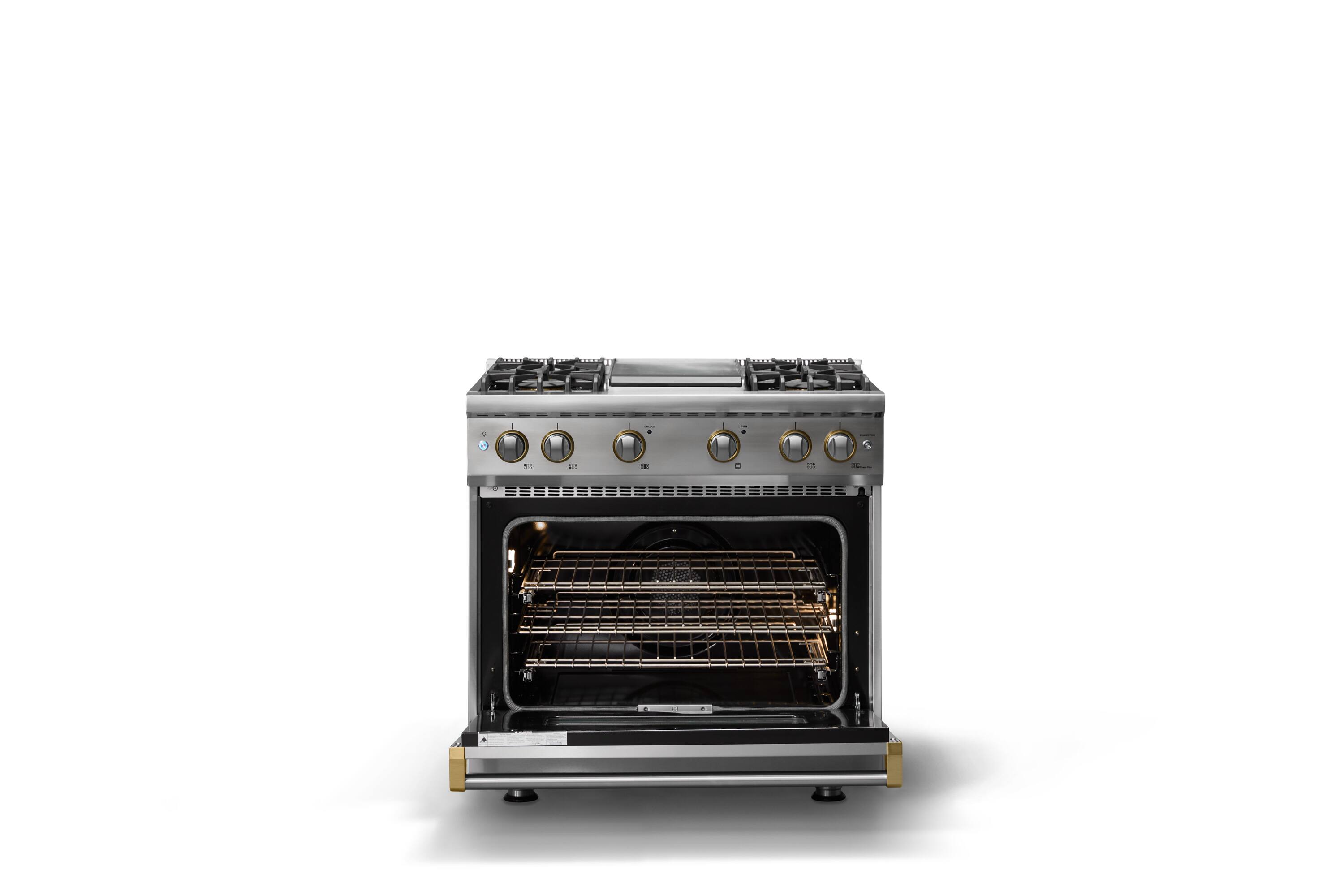 Alt View 2. Viking - 36"W. 5.1 Cu. Ft. Freestanding Manual Clean Sealed 4B Gas Convection Range/Griddle-Stainless Steel/Brushed Brass - Stainless Steel.