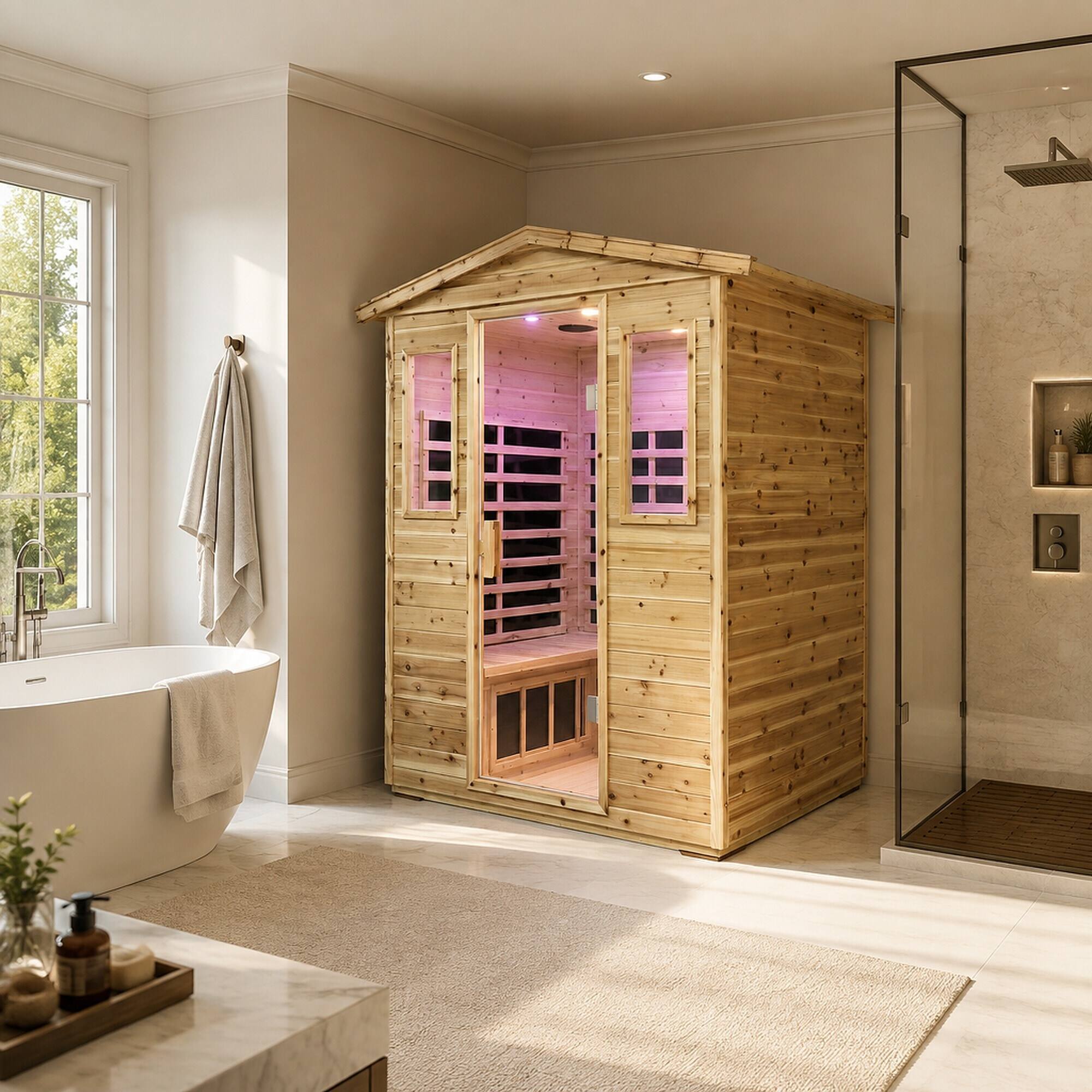 Back. RYHNUYNE - Four Person Far-Infrared Outdoor Sauna Room, Old Fir Wood, 48.66 in Wide, 2100W, 8 Heating Panels, Bluetooth Audio, LCD - Natural.