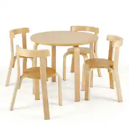 Pefilos - 5-Piece Kids Wooden Curved Back Activity Table and Chair Set with Toy Bricks-Natural, Toddler Table - Brown