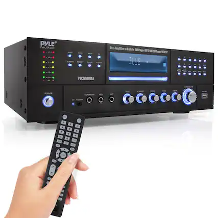 PYLE
PyleUSA.com
Pre-Amplifier w/Built-in DVDPlayer/MP3/AM/FM Tuner/USB/BT
PD3000BA
INPUT
MENU
AUX
A/B
STANDBY
MEMORY
TUNING
TUNING
MIC1
MIC2
ECHO
M.TREBLE
M.MID
M.BASS
M.VOLUME
USB INPUT
POWER
HEADPHONE
MIC1
BT
IPOD/MP3
1 2 3 4 5 6 7 8 9 0
MUTE
PLAY
STOP
PAUSE
RECORD
FAST FORWARD
REWIND
SLOW
SPEED
CH.
VOL.
TUNING
TV/AV
DVD
CD
RDS
AM/FM
USB
BT
IPOD/MP3
AUX
A/B
AUX
A/B
AUX
A/B
AUX
A/B
AUX
A/B
AUX
A/B
AUX
A/B
AUX
A/B
AUX
A/B
AUX
A/B
AUX
A
