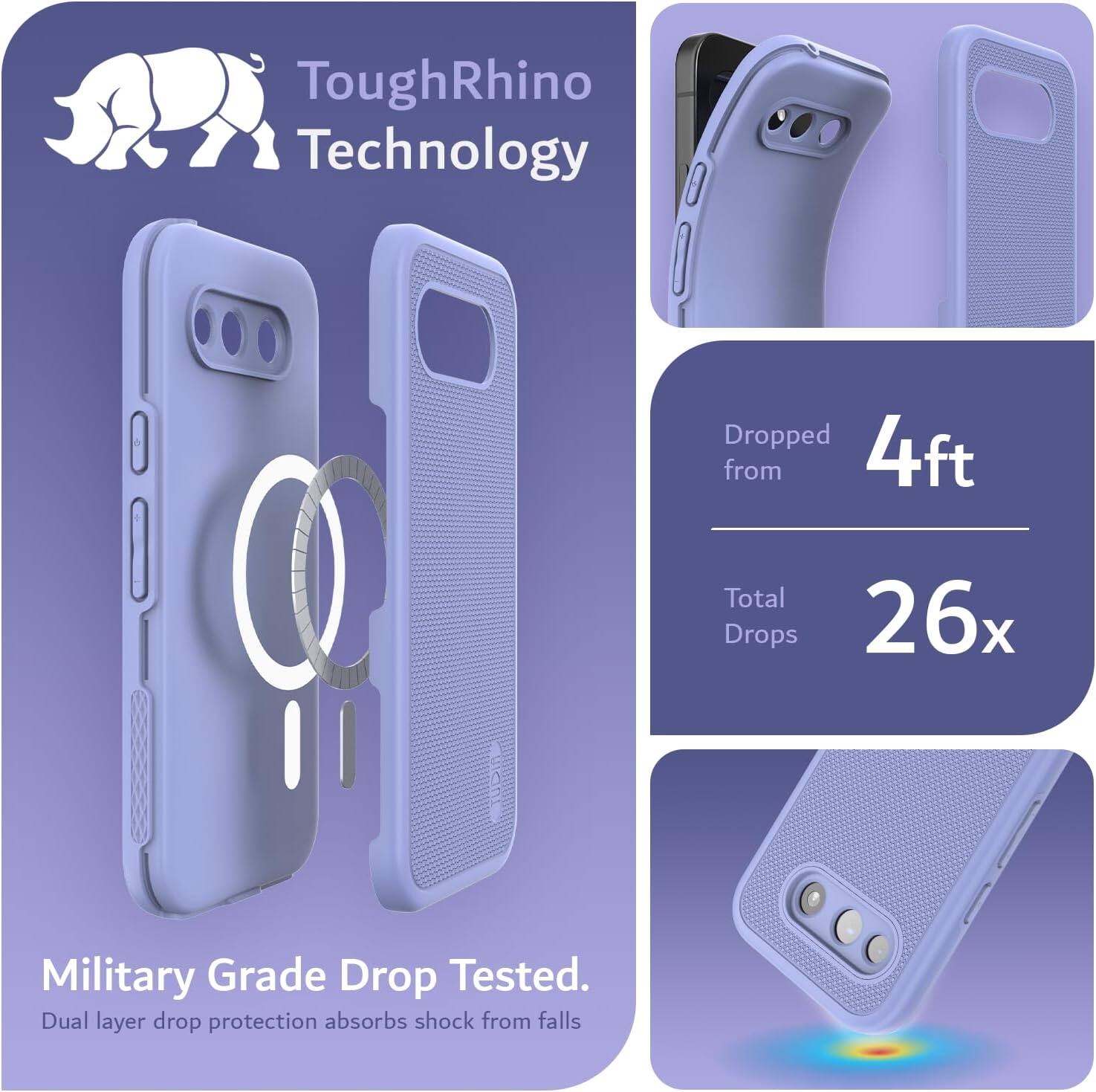 ToughRhino Technology

Dropped from 4ft
Total Drops 26x

Military Grade Drop Tested.
Dual layer drop protection absorbs shock from falls