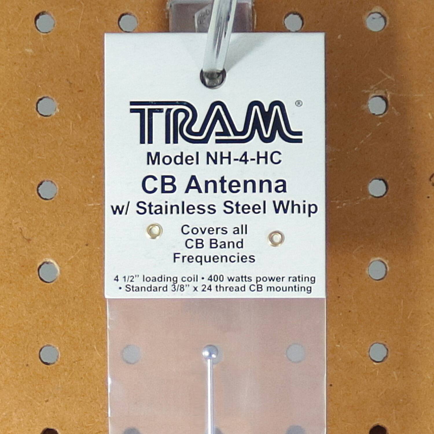 TRAM  
Model NH-4-HC  
CB Antenna  
w/ Stainless Steel Whip  

Covers all CB Band Frequencies  

4 1/2" loading coil • 400 watts power rating  
• Standard 3/8" x 24 thread CB mounting