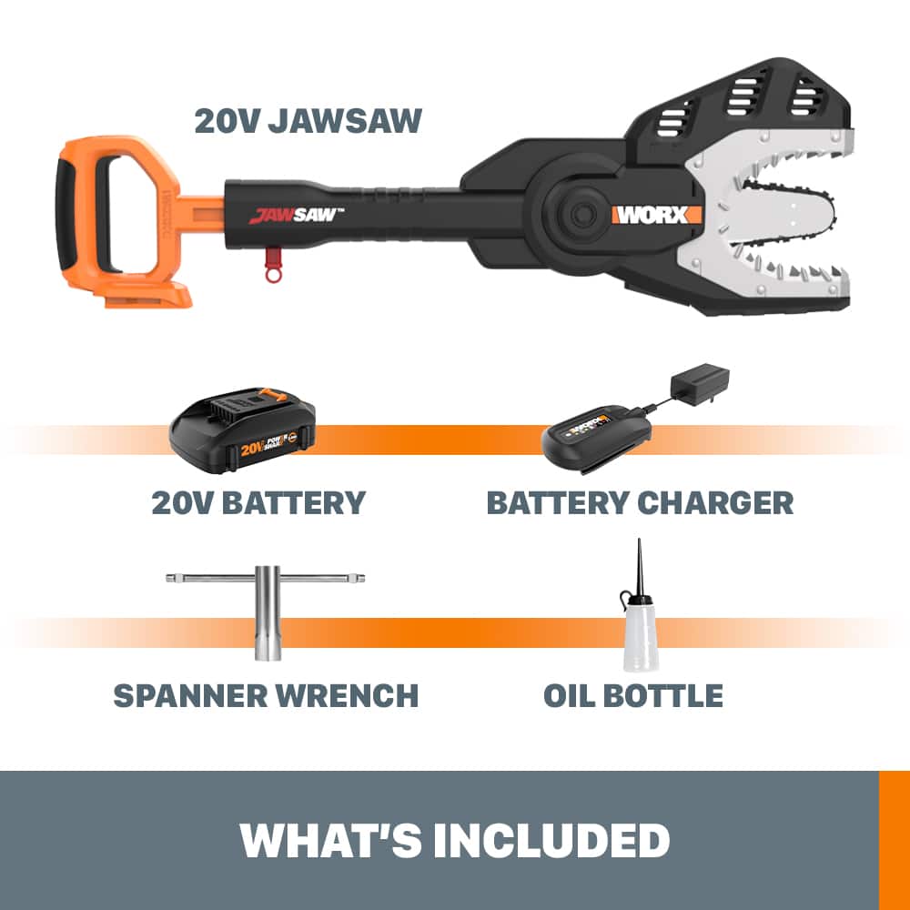 The text on the image can be grouped and corrected as follows:
20V JAWSAW D WORX JAWSAW 20140
20V BATTERY BATTERY CHARGER
SPANNER WRENCH
OIL BOTTLE
WHAT'S INCLUDED