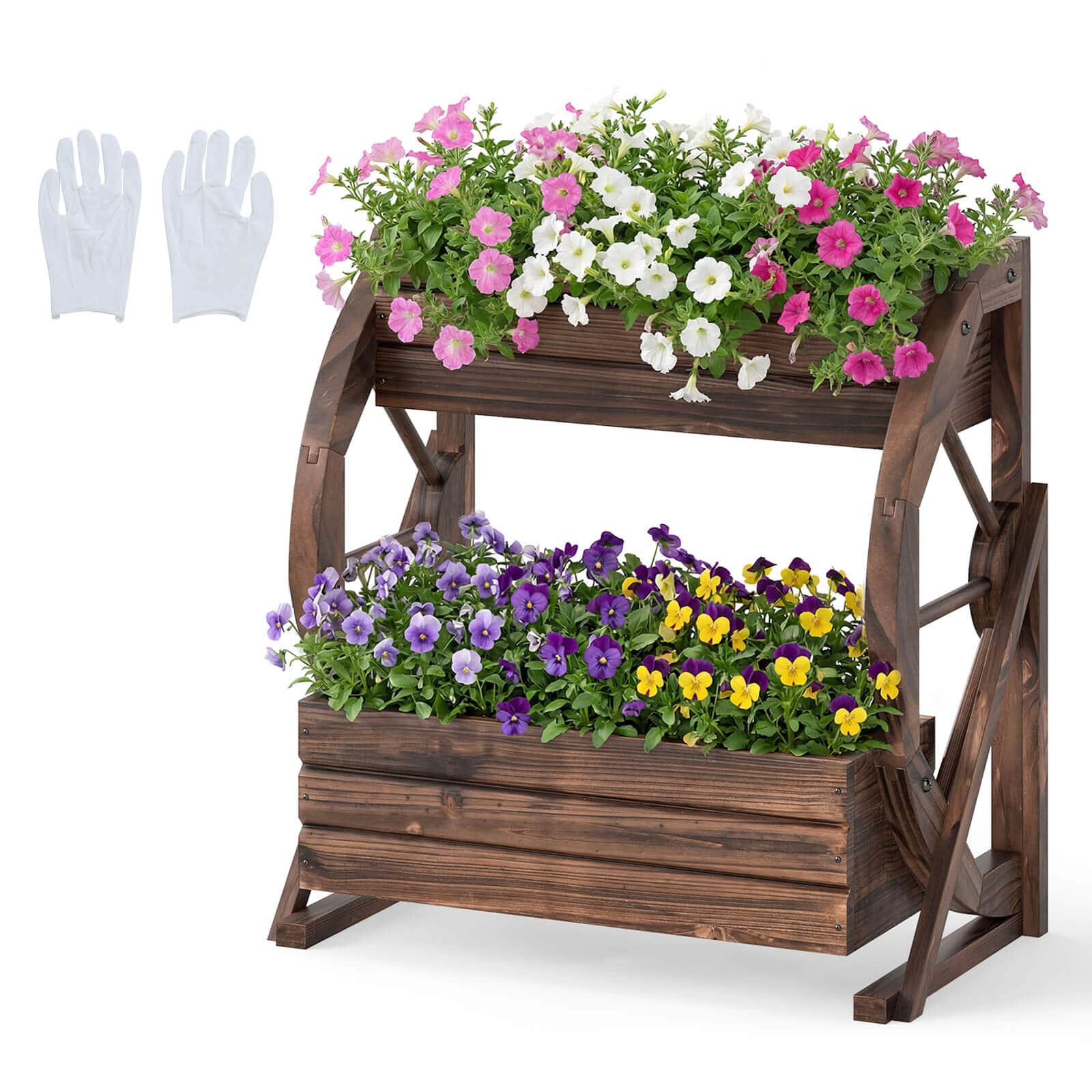 Front. Costway - Costway 1 PCS 2-Tier Rustic Wood Wagon Planter with Drainage Semi-Wheels,Raised Bed for Patio Yard - Coffee.