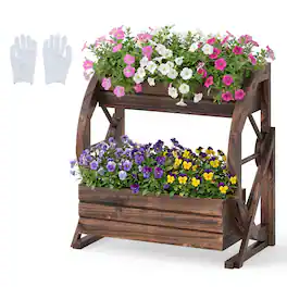 Costway - 1 PCS 2-Tier Rustic Wood Wagon Planter with Drainage Semi-Wheels,Raised Bed for Patio Yard - Coffee