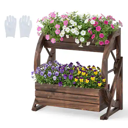 Front. Costway - Costway 1 PCS 2-Tier Rustic Wood Wagon Planter with Drainage Semi-Wheels,Raised Bed for Patio Yard - Coffee.