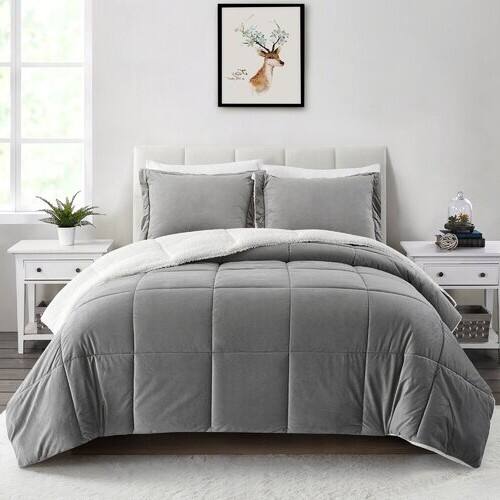 Angle. Hivvago - Queen Plush Microfiber Reversible Comforter Set in Grey - Grey.
