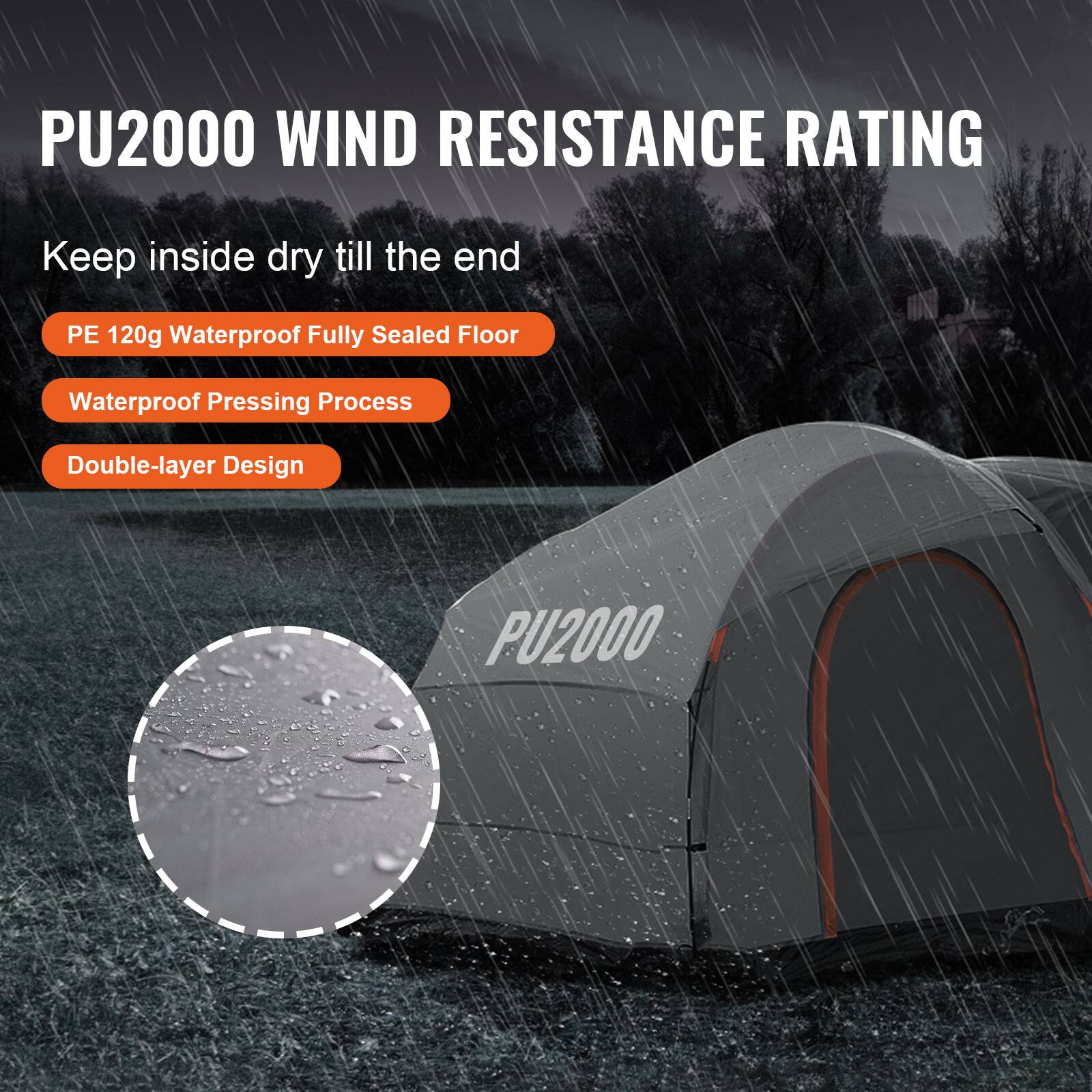 PU2000 WIND RESISTANCE RATING

Keep inside dry till the end
PE 120g Waterproof Fully Sealed Floor
Waterproof Pressing Process
Double-layer Design
PU2000