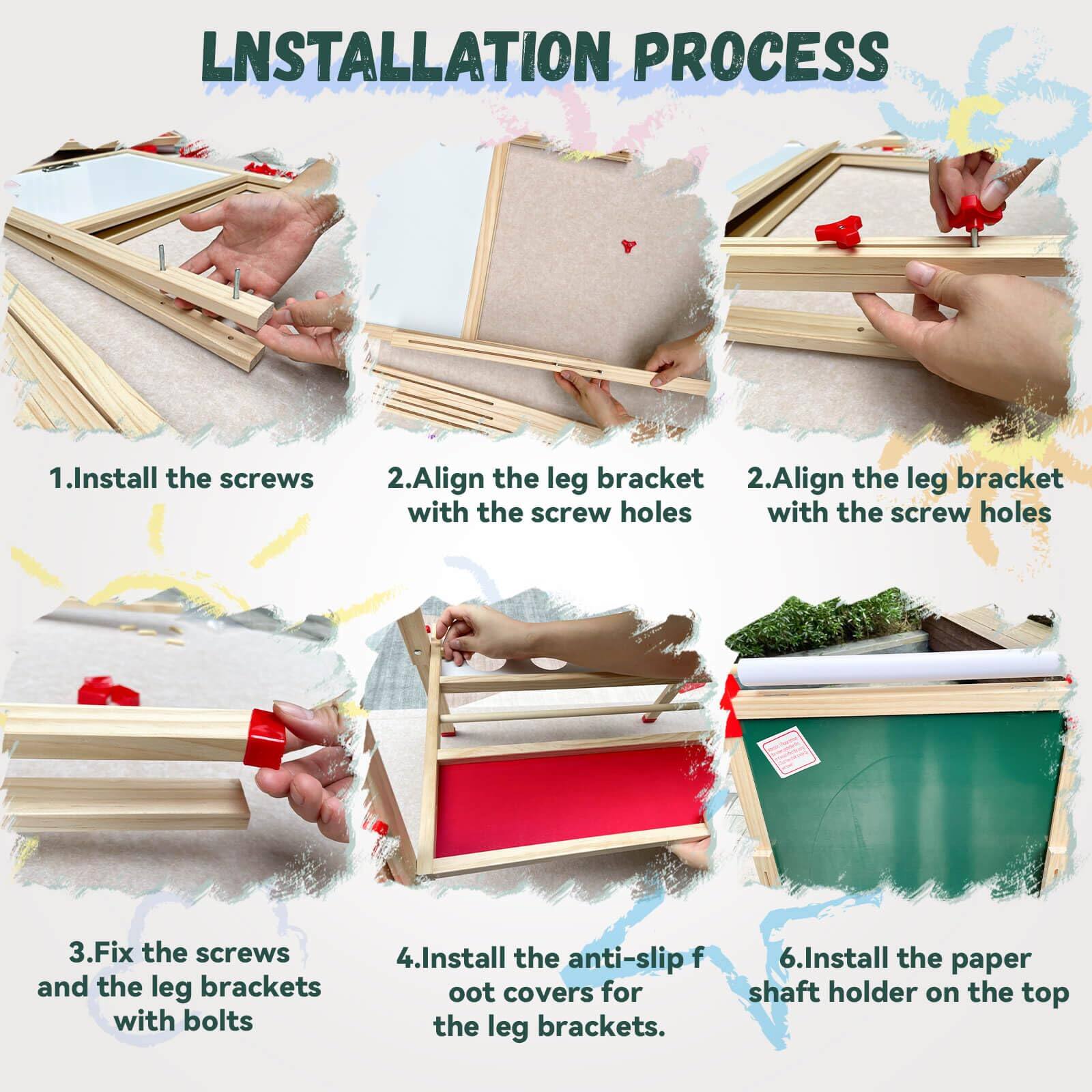 **Installation Process**

1. Install the screws
2. Align the leg bracket with the screw holes
3. Fix the screws and the leg brackets with bolts
4. Install the anti-slip foot covers for the leg brackets
5. Install the paper shaft holder on the top
