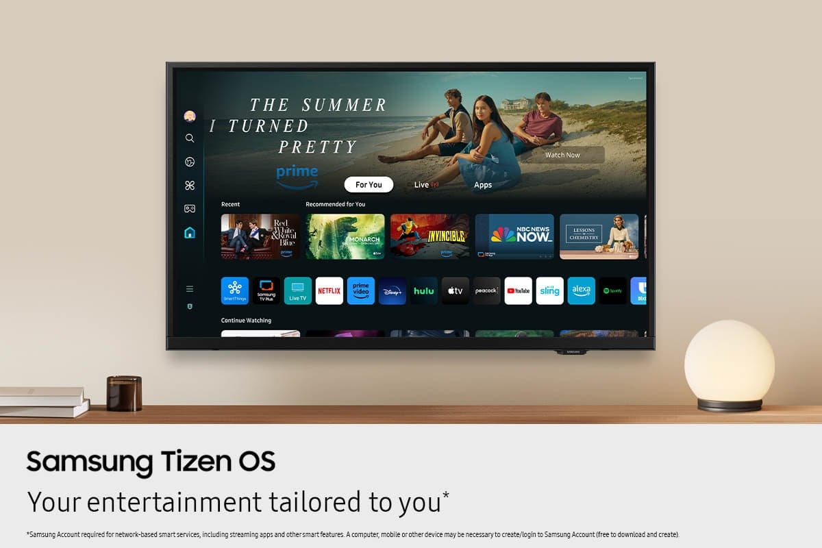The text on the image is grouped and corrected as follows:
"Your entertainment tailored to you. Samsung Tizen OS. Live TV, Apps, Watch Now, Recent, Recommended for You, Red White & Blue, Criminal Minds, Monarch, Invincible, NBC News, Lessons, Netflix, Prime Video, Disney+, Hulu, TV, Peacock, Roku, Sling, Alexa, Secret Things - Live TV, Some Sneaky Stuff - Live TV, Samsung Tizen OS. *Samsung Account required for network-based smart services, including streaming apps and other smart features. A computer, mobile or other device may be necessary to create/login to Samsung Account (free to download and create)."