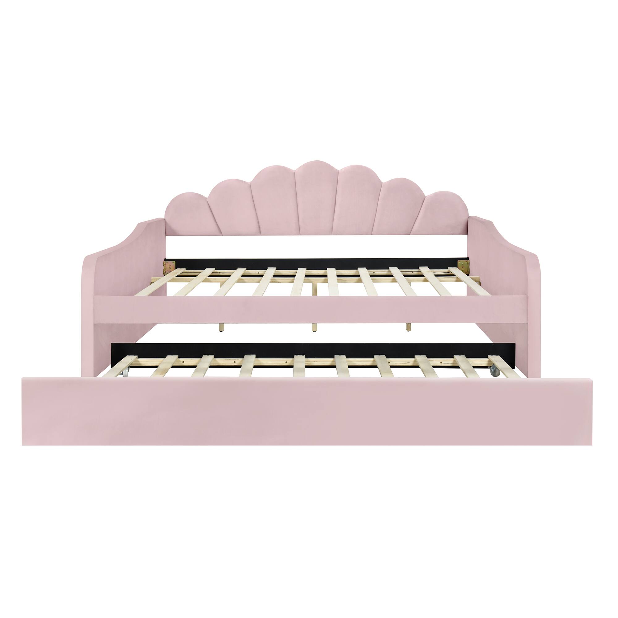 Alt View 2. Whisen - Full Size Upholstered Daybed Frame with Pull-out Trundle and Curved Backrest for Guest Bedroom - Pink.