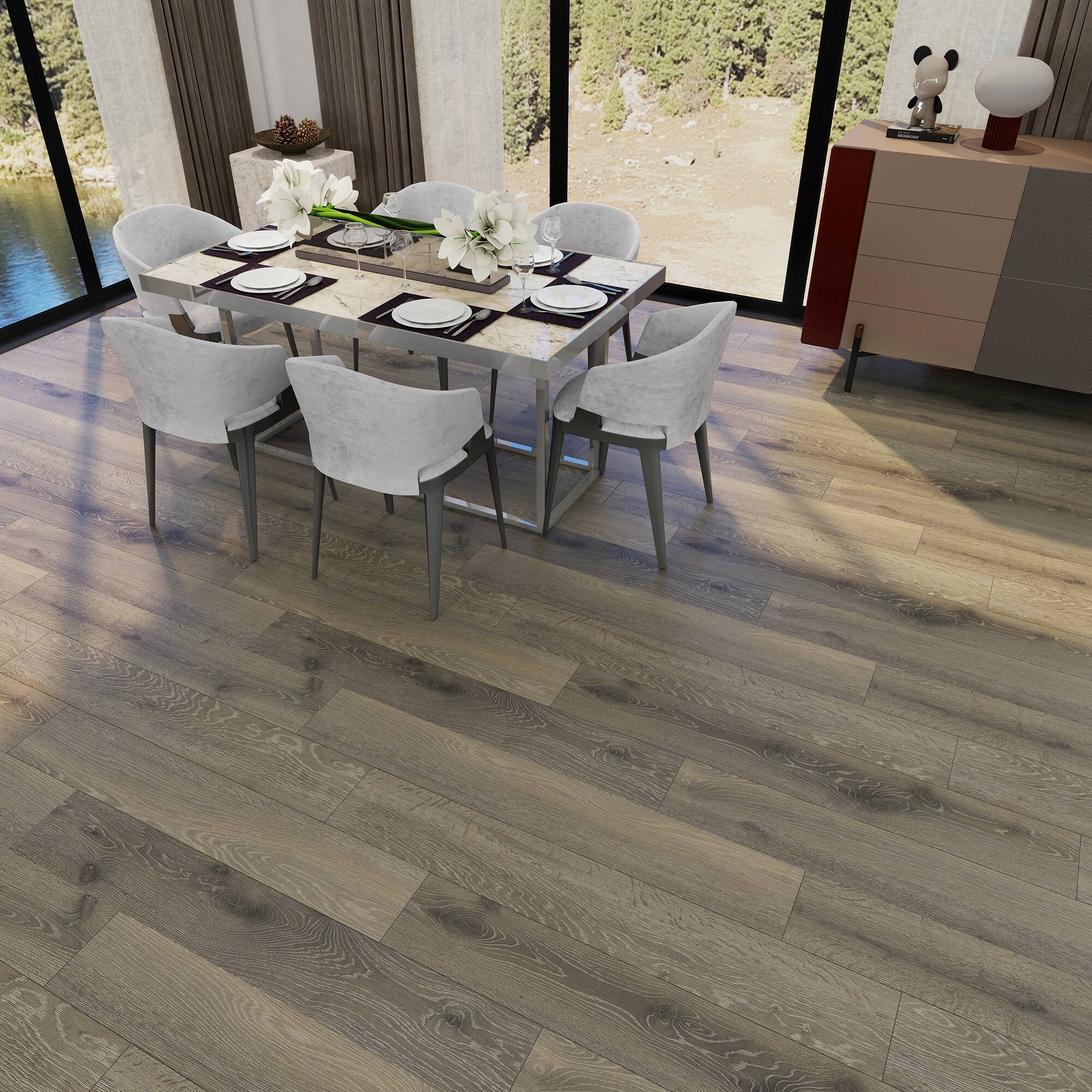 Left. Dotfloor - Superoak SEKET Laminate Flooring - 48"x7.7" Planks, 8 Planks/Box (20.56 sq ft/Box), 12mm Thick, AC4 Wear Rating - Gray Oak.