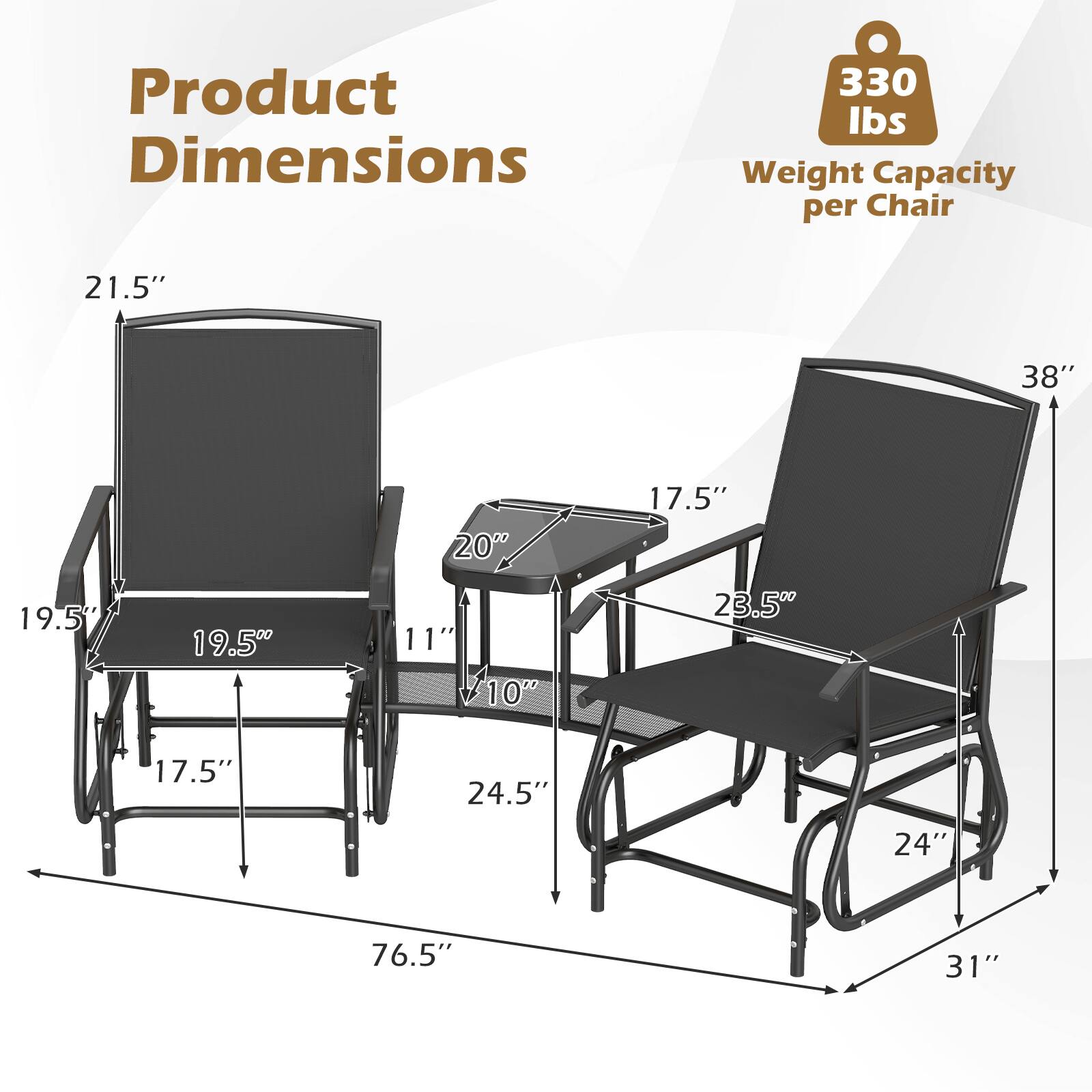 Product Dimensions

Weight Capacity per Chair: 330 lbs

Dimensions:
- 21.5" (height of the backrest)
- 38" (height of the chair)
- 17.5" (depth of the seat)
- 19.5" (width of the backrest)
- 11" (depth of the armrest)
- 10" (depth of the seat)
- 23.5" (width of the armrest)
- 24.5" (width of the seat)
- 24" (width of the base)
- 76.5" (length of the base)
- 31" (width of the base)