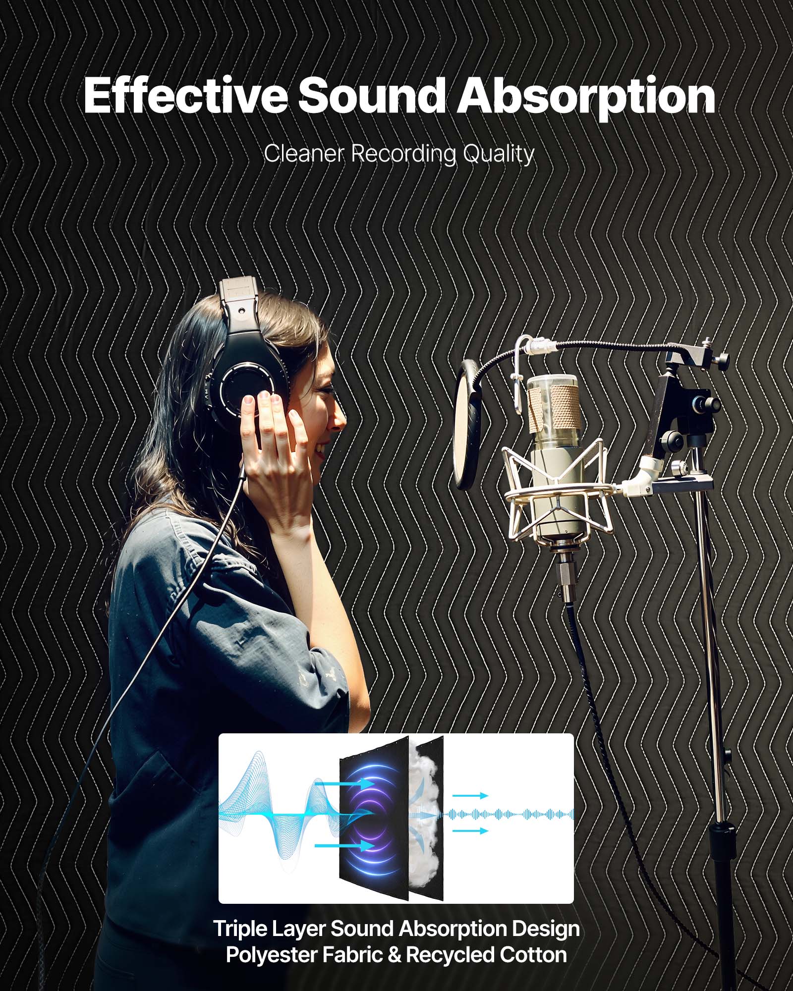 Effective Sound Absorption  
Cleaner Recording Quality  

Triple Layer Sound Absorption Design  
Polyester Fabric & Recycled Cotton