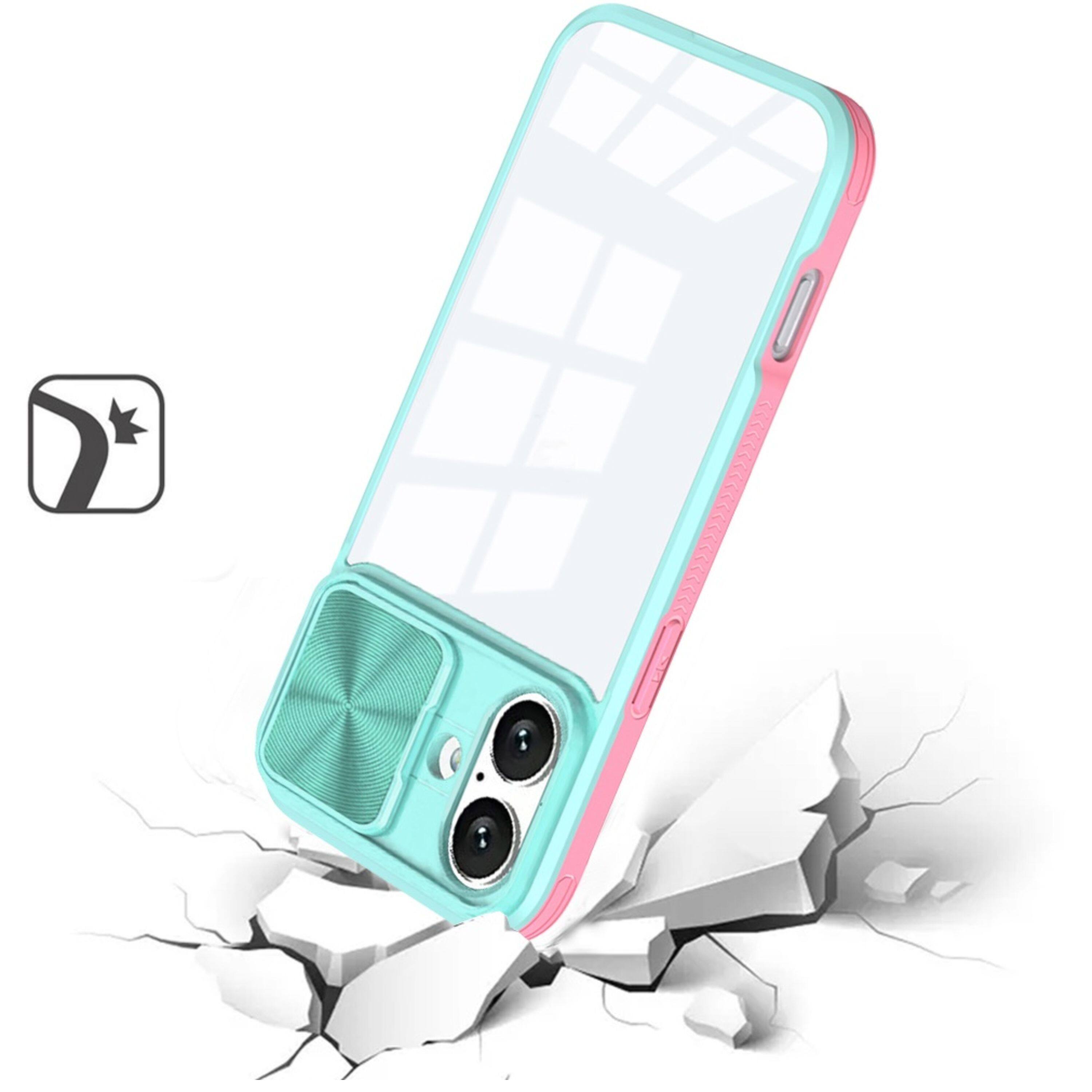 Left. Kitcheniva - Clear Hybrid Sliding Lens Cover Case With Tempered Glass For iPhone 16 Pink/Blue - Pink/Blue.