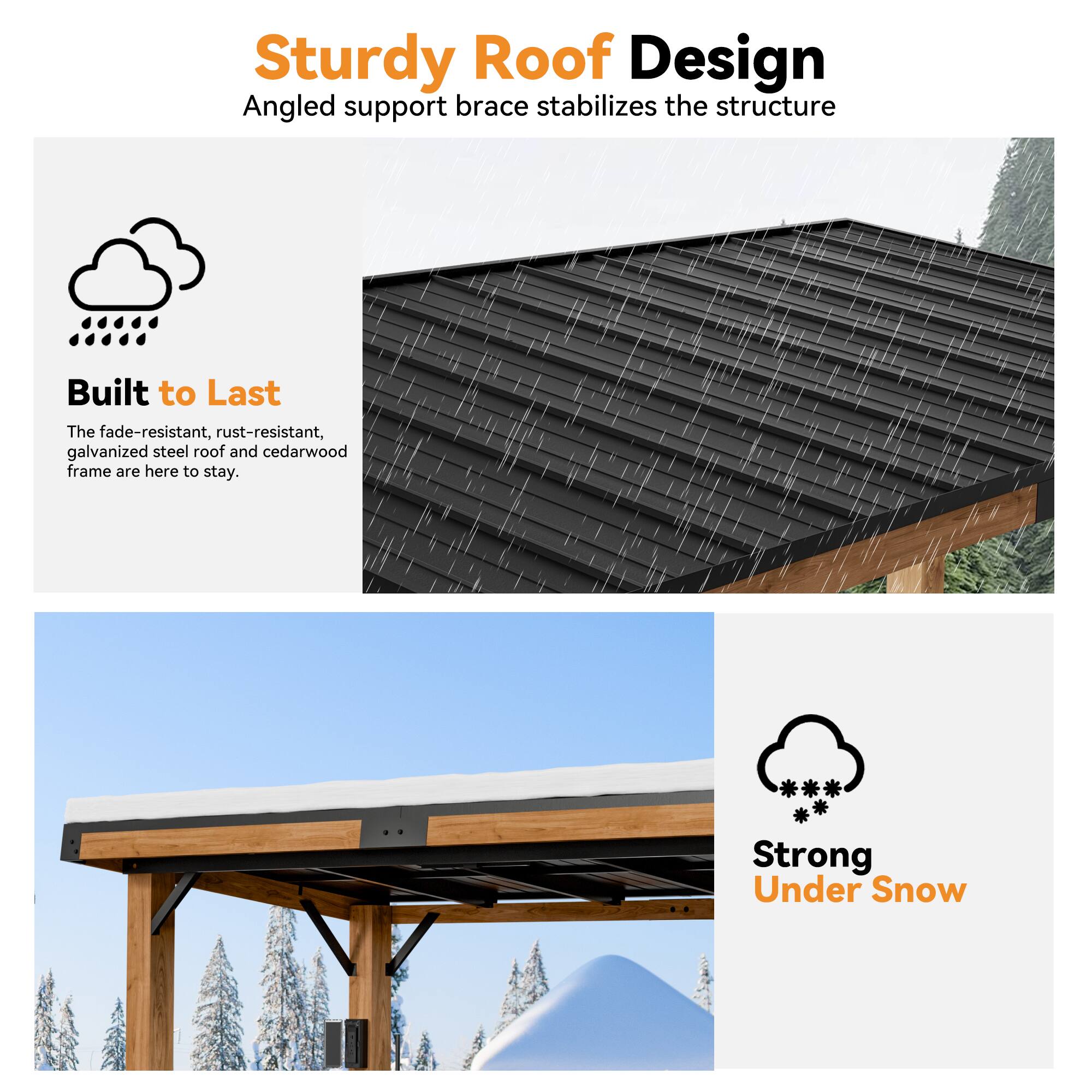 Sturdy Roof Design  
Angled support brace stabilizes the structure  

Built to Last  
The fade-resistant, rust-resistant, galvanized steel roof and cedarwood frame are here to stay.  

Strong Under Snow