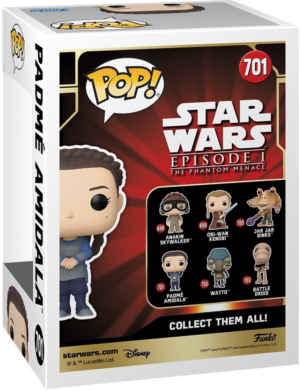 The text on the image is:

"POP! STAR WARS EPISODE I THE PHANTOM MENACE
701 PADME AMIDALA
699 ANAKIN SKYWALKER
698 OBI-WAN KENOBI
700 JAR JAR BINKS
703 BATTLE DROID
702 WATTO
701 PADME AMIDALA
COLLECT THEM ALL!
Funko of Funko, LLC
POP! and FUNKO are trademarks of Funko, LLC
Disney TM Lucasfilm Ltd."

Corrected and grouped text:

"POP! STAR WARS EPISODE I THE PHANTOM MENACE
701 PADME AMIDALA
699 ANAKIN SKYWALKER
698 OBI-WAN KENOBI
700 JAR JAR BINKS
703 BATTLE DROID
702 WATTO
COLLECT THEM ALL!
Funko of Funko, LLC
POP! and FUNKO are trademarks of Funko, LLC
Disney TM Lucasfilm Ltd."