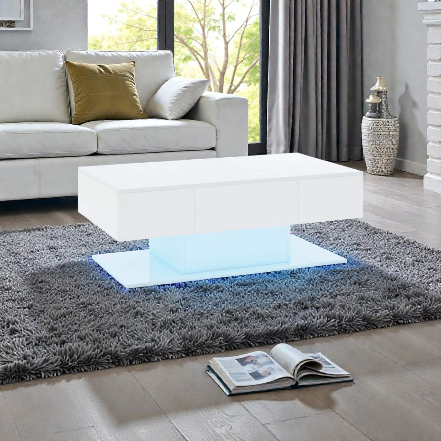 Hivvago - Stylish Living Room Table with Built-In LED Lighting and Hidden Storage Drawers - White