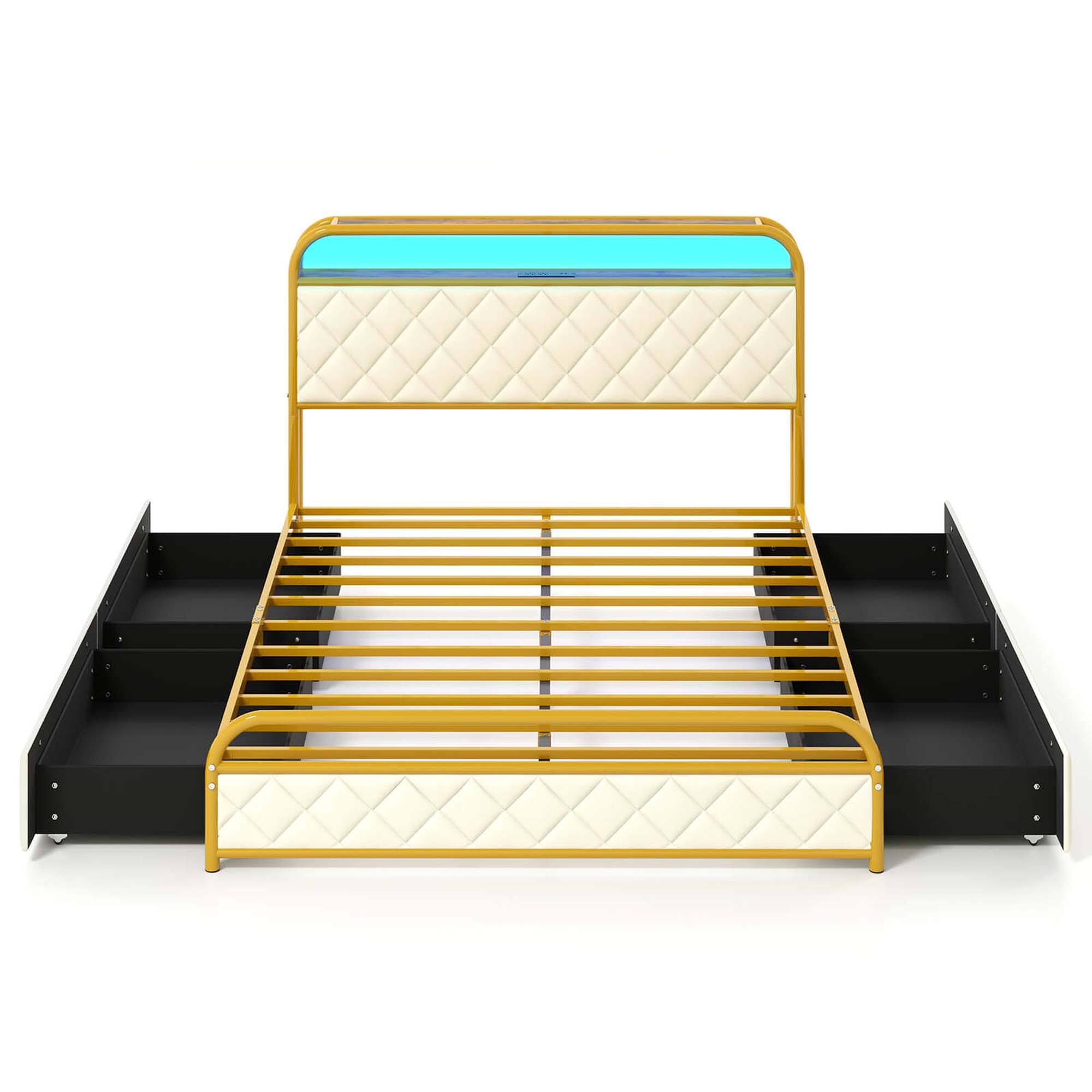Costway - Full Size Bed Frame with LED Lights & Charging Station Storage Headboard & Drawers - Golden + White