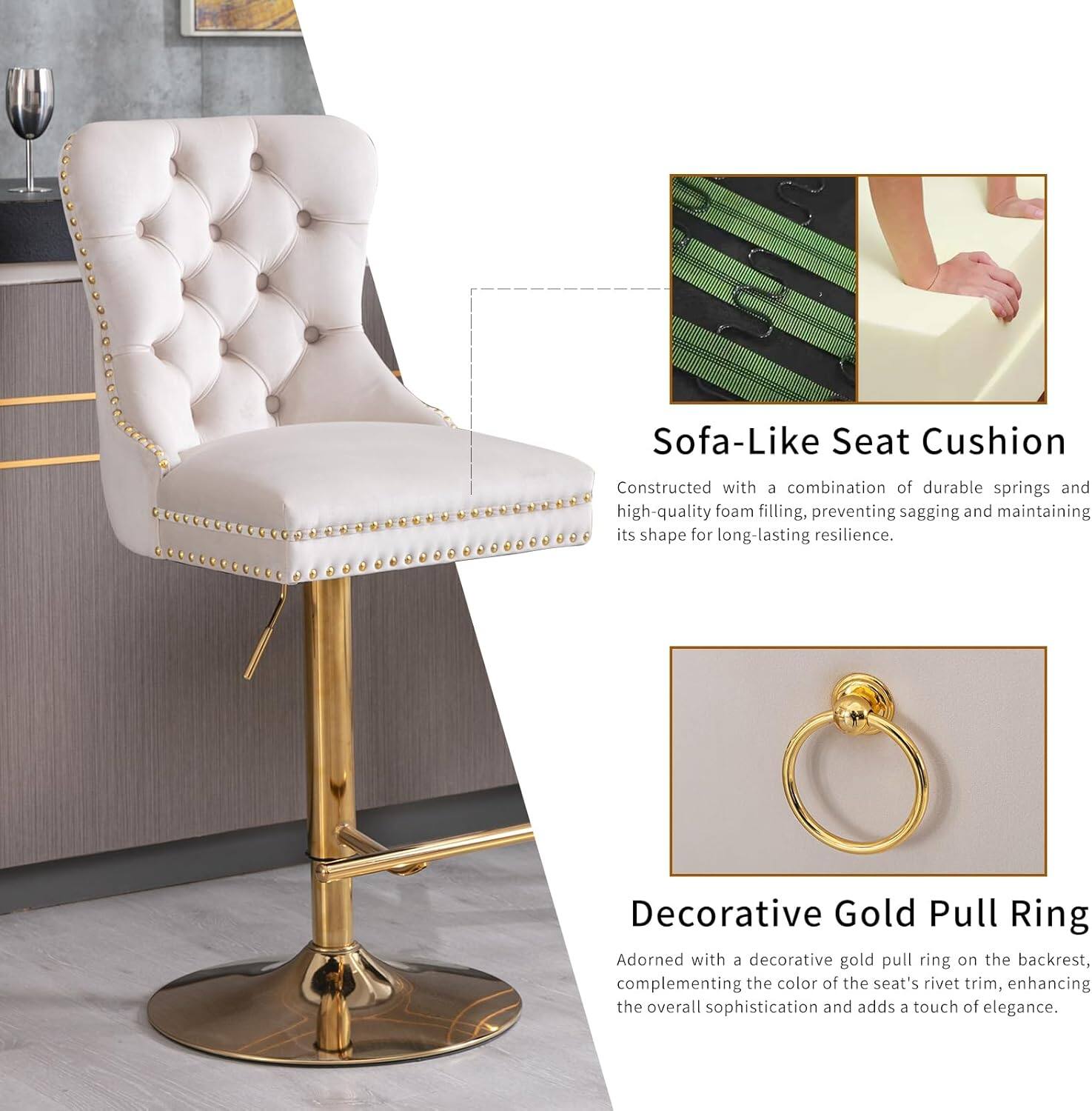 Sofa-Like Seat Cushion  
Constructed with a combination of durable springs and high-quality foam filling, preventing sagging and maintaining its shape for long-lasting resilience.

Decorative Gold Pull Ring  
Adorned with a decorative gold pull ring on the backrest, complementing the color of the seat's rivet trim, enhancing the overall sophistication and adding a touch of elegance.