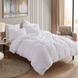 Sweet Home Collection - 3 Piece Plush Shaggy Comforter and Pillow Sham, Ultra Soft Faux Fur Decorative Bedding - Queen - White
