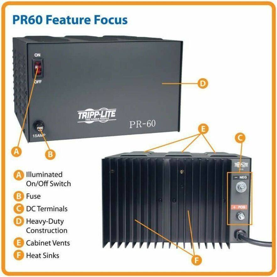 PR60 Feature Focus

A. Illuminated On/Off Switch  
B. Fuse  
C. DC Terminals  
D. Heavy-Duty Construction  
E. Cabinet Vents  
F. Heat Sinks