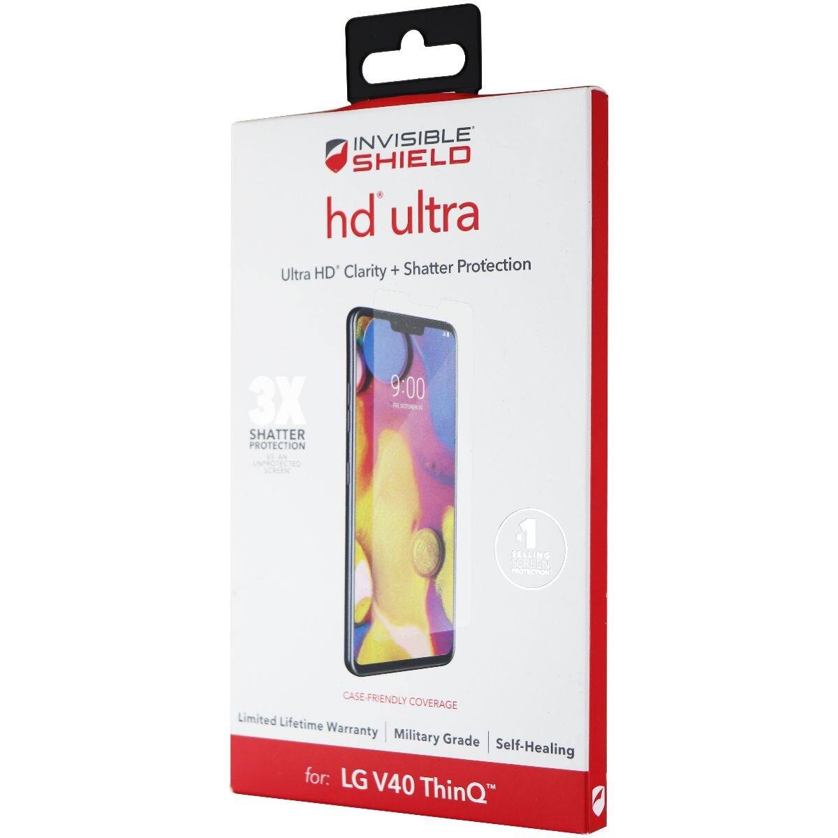 INVISIBLE SHIELD hd ultra HD Clarity + Shatter Protection Ultra 3X SHATTER PROTECTION A UNIROTECTED SCRIN 9:00 1 SELLING SCREEN PROTECTION CASE-FRIENDLY COVERAGE Limited Lifetime Warranty Military Grade Self-Healing for: LG V40 ThinQ
