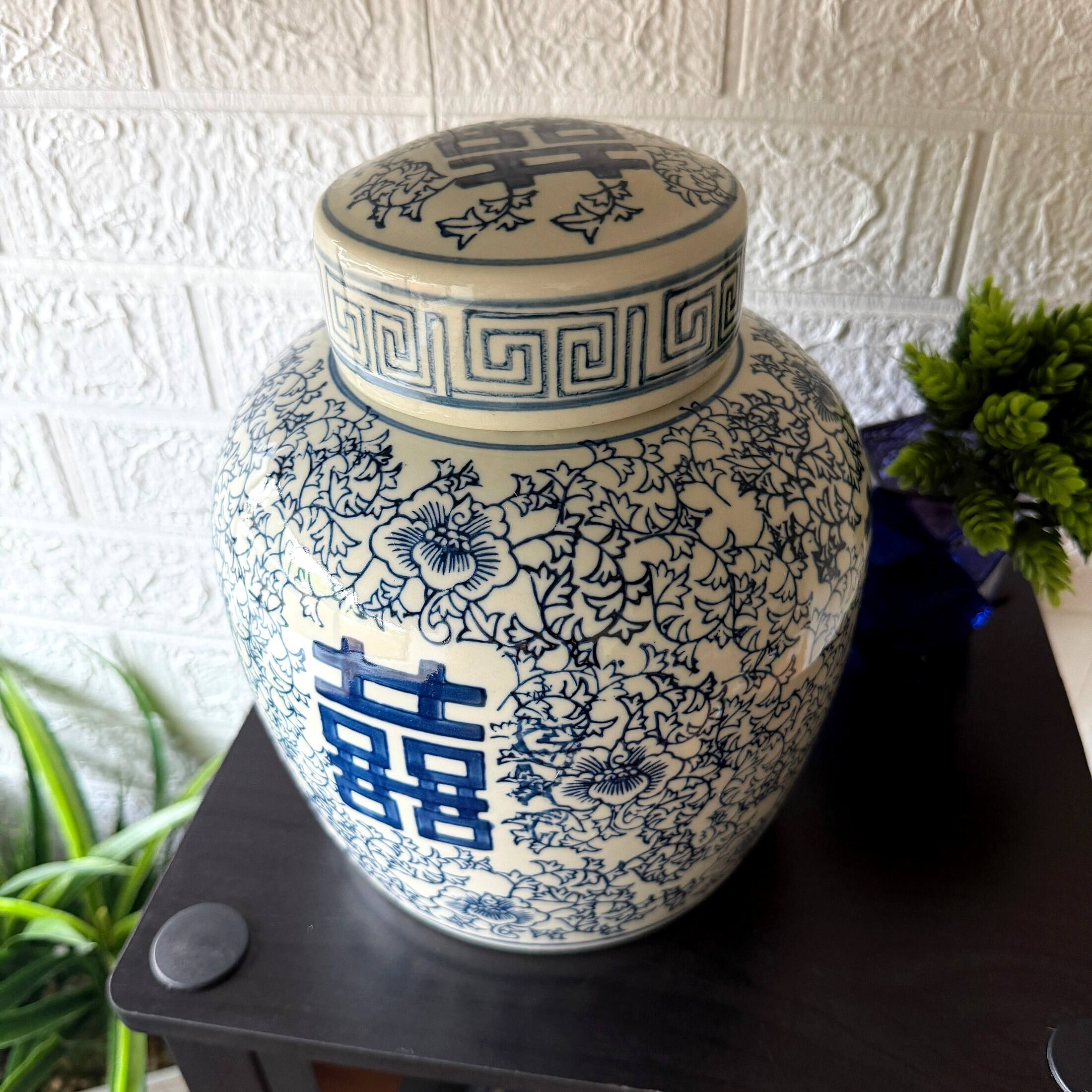 Alt View 3. Things2Die4 - Blue White Double Happiness Decorative Ginger Jar Porcelain 9.5 in Lid - White and Blue.