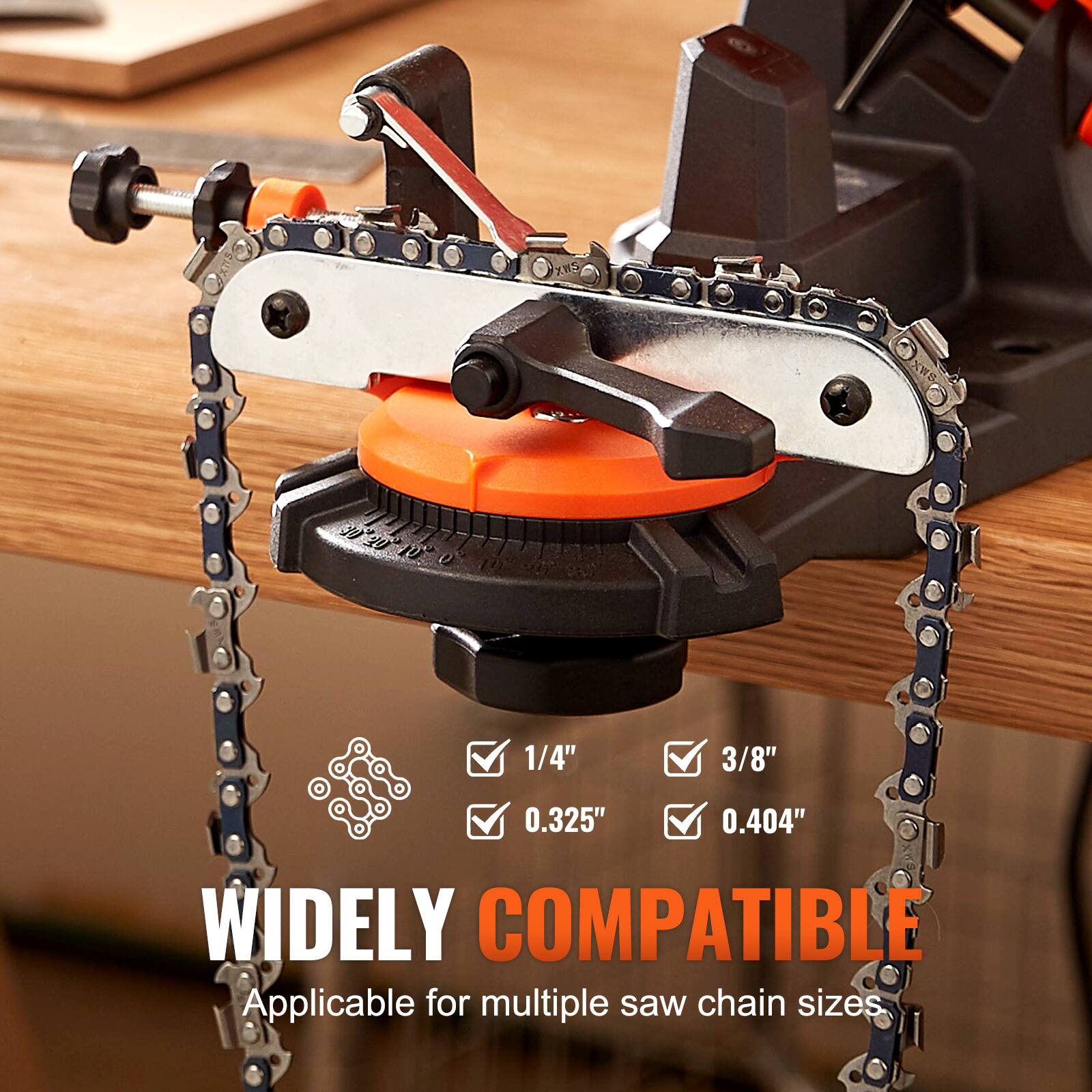 19 0 1/4" 3/8" 0.325" 0.404" WIDELY COMPATIBLE  
Applicable for multiple saw chain sizes