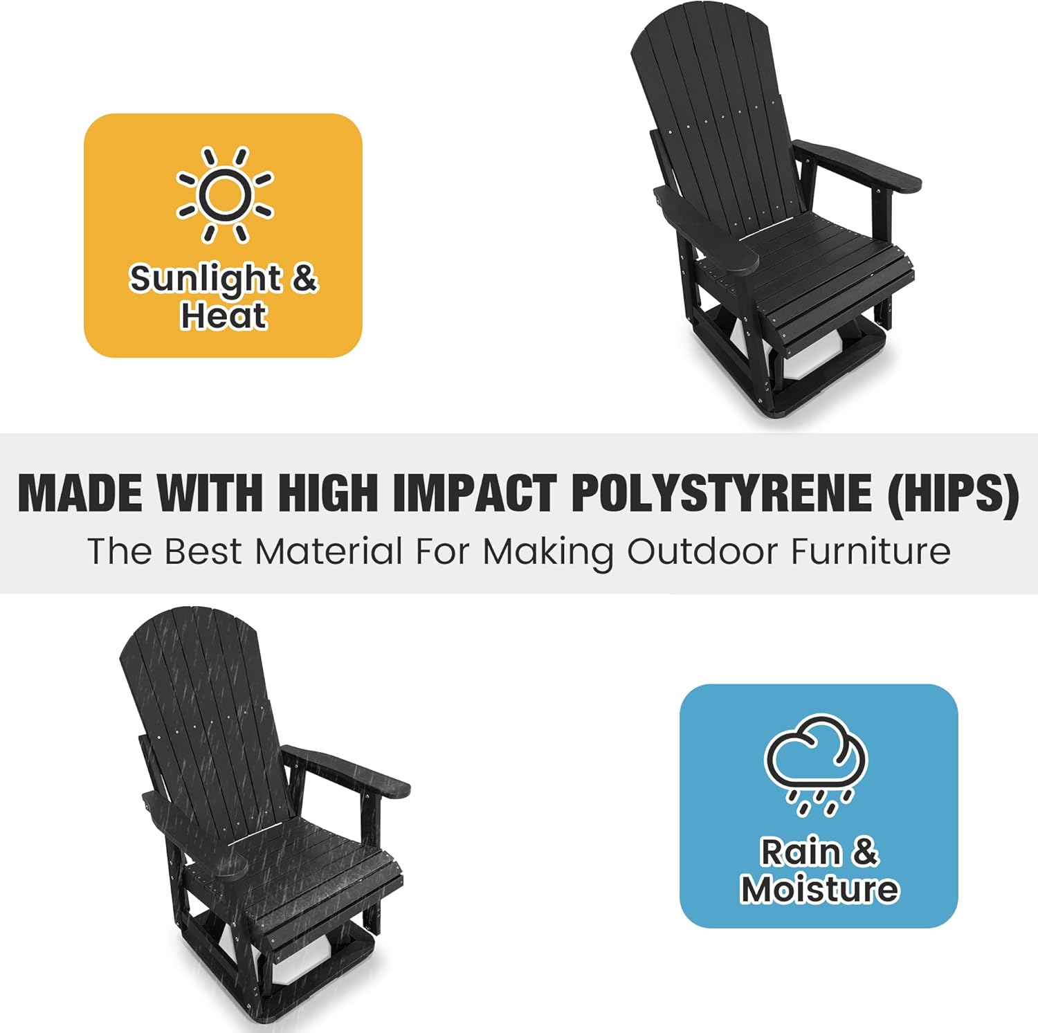 Sunlight & Heat

MADE WITH HIGH IMPACT POLYSTYRENE (HIPS)
The Best Material For Making Outdoor Furniture

Rain & Moisture