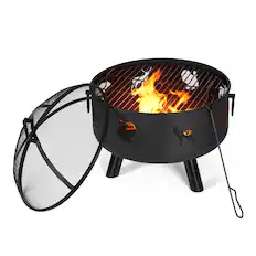 Front. Oumilen - 24" Outdoor Fire Pit with Wildlife Cutouts, Grill & Spark Screen.